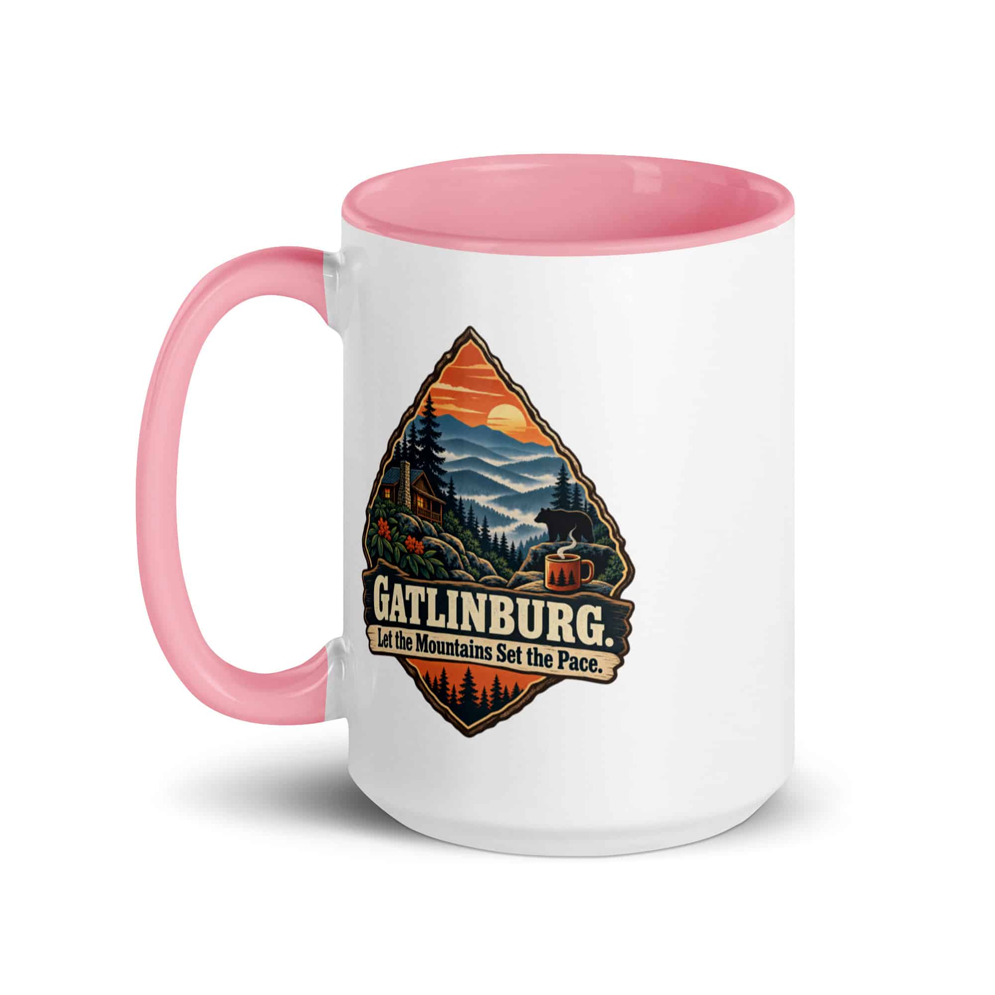 Gatlinburg and the Smokies Color Inside Coffee Mug: Gatlinburg. Let the Mountains Set the Pace, Scenic Shield Badge