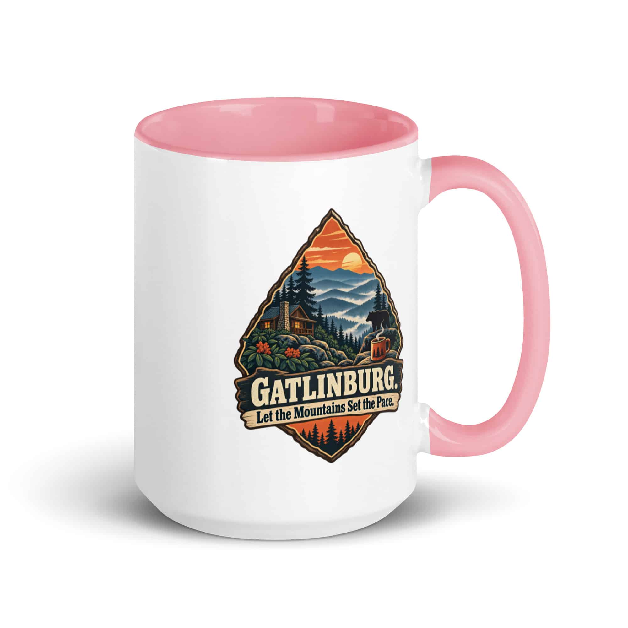 Gatlinburg and the Smokies Color Inside Coffee Mug: Gatlinburg. Let the Mountains Set the Pace, Scenic Shield Badge