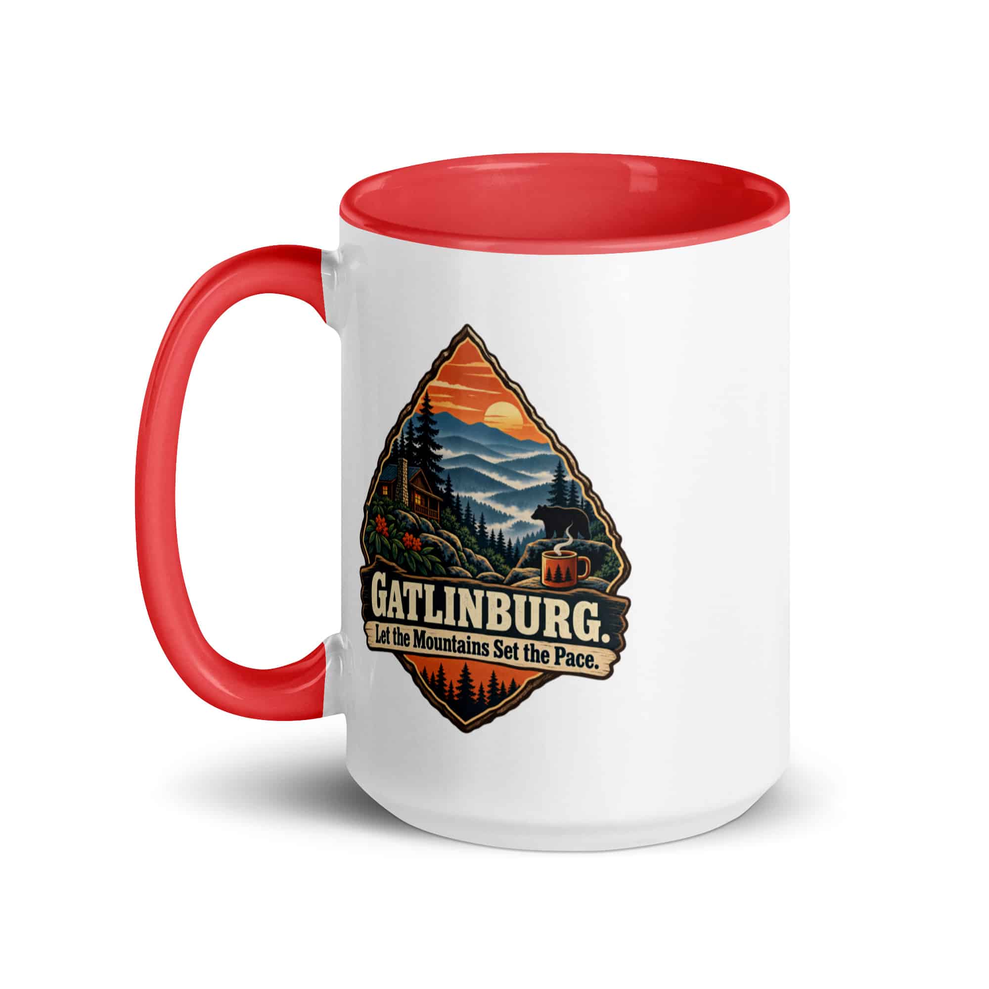 Gatlinburg and the Smokies Color Inside Coffee Mug: Gatlinburg. Let the Mountains Set the Pace, Scenic Shield Badge