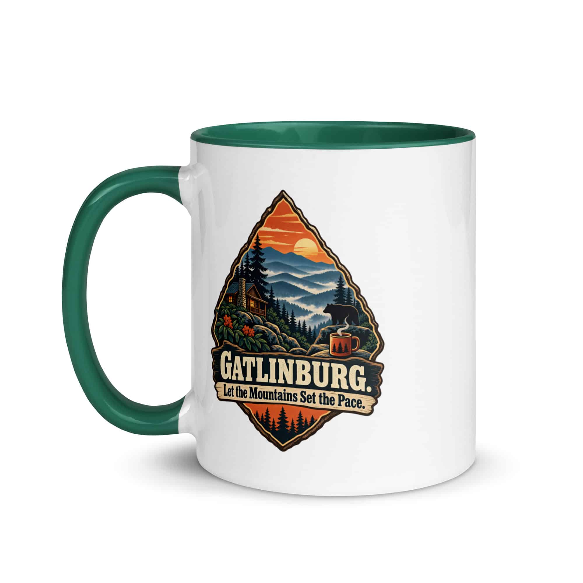 Gatlinburg and the Smokies Color Inside Coffee Mug: Gatlinburg. Let the Mountains Set the Pace, Scenic Shield Badge