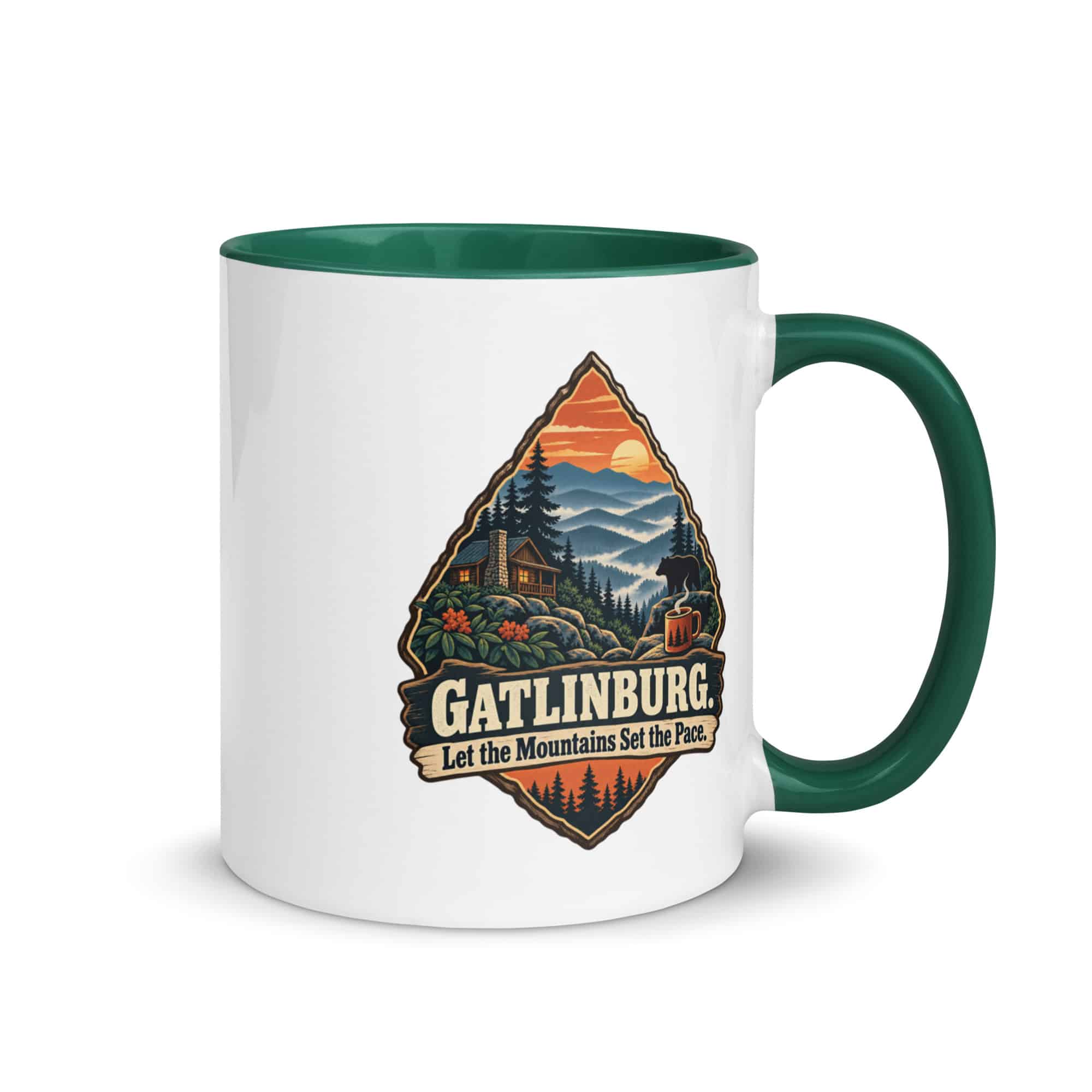 Gatlinburg and the Smokies Color Inside Coffee Mug: Gatlinburg. Let the Mountains Set the Pace, Scenic Shield Badge