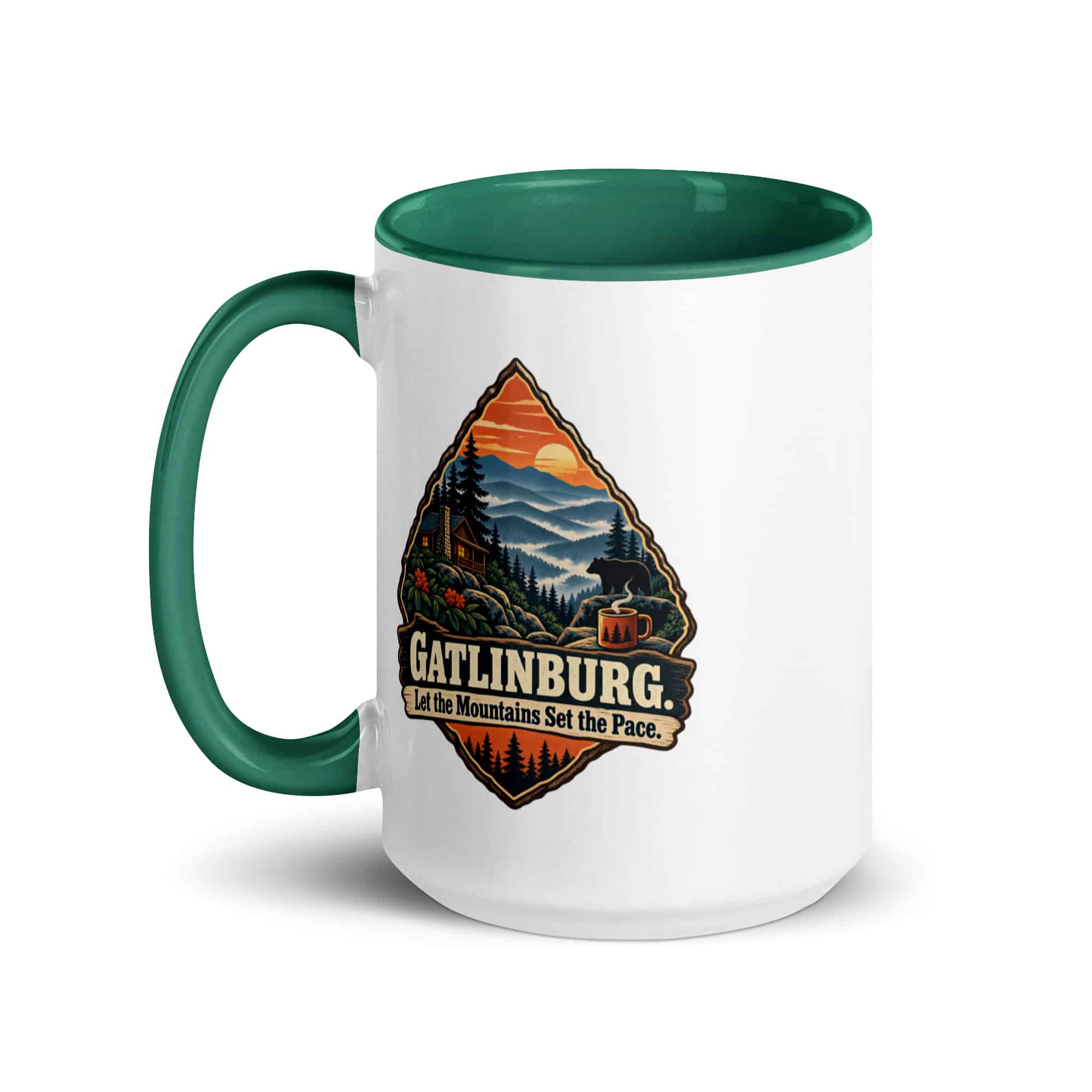 Gatlinburg and the Smokies Color Inside Coffee Mug: Gatlinburg. Let the Mountains Set the Pace, Scenic Shield Badge