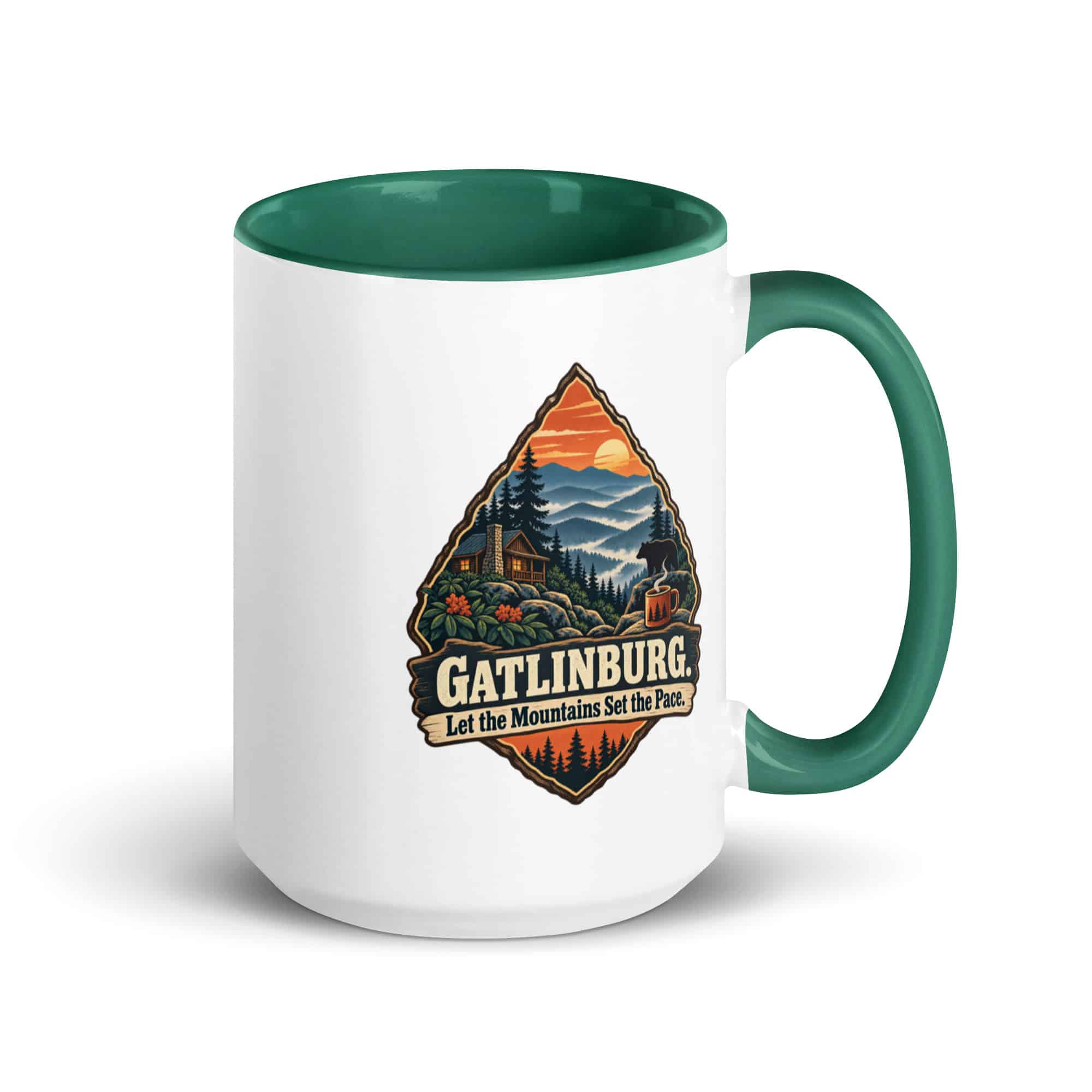 Gatlinburg and the Smokies Color Inside Coffee Mug: Gatlinburg. Let the Mountains Set the Pace, Scenic Shield Badge