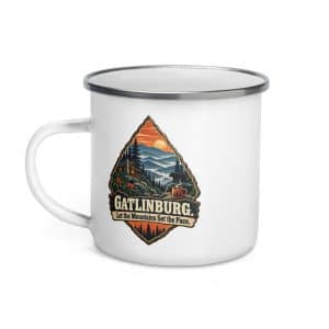 Gatlinburg and the Smokies Enamel Camp Mug: Gatlinburg. Let the Mountains Set the Pace, Scenic Shield Badge - 12 oz - Left