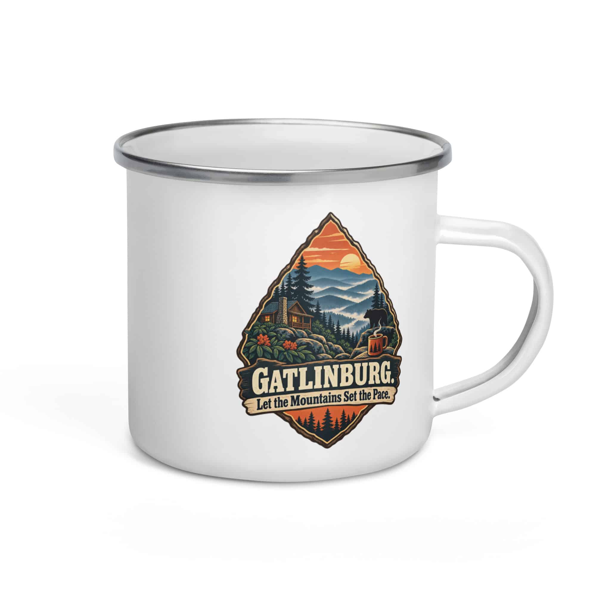 Gatlinburg and the Smokies Enamel Camp Mug: Gatlinburg. Let the Mountains Set the Pace, Scenic Shield Badge