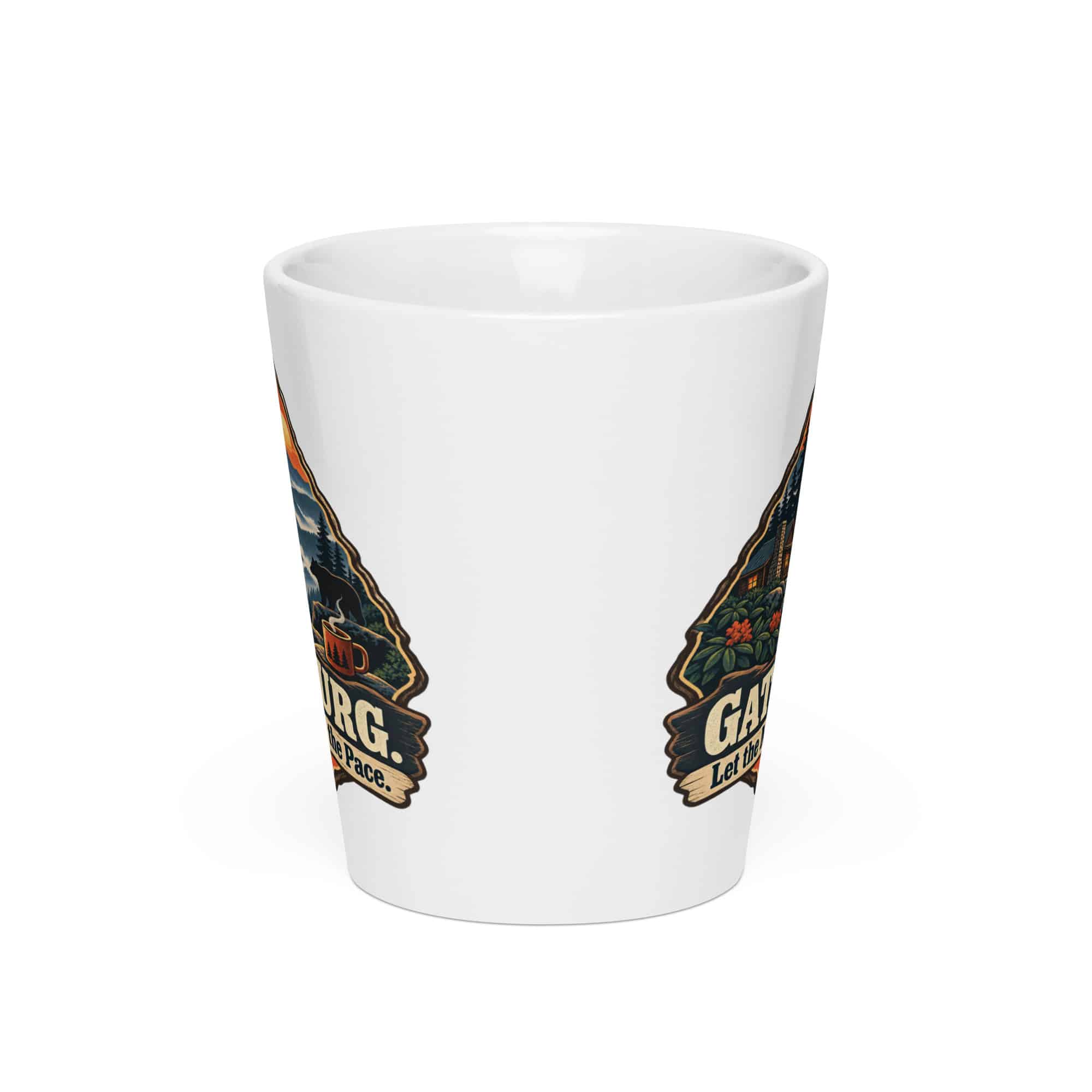 Gatlinburg and the Smokies Latte Mug: Gatlinburg. Let the Mountains Set the Pace, Scenic Shield Badge