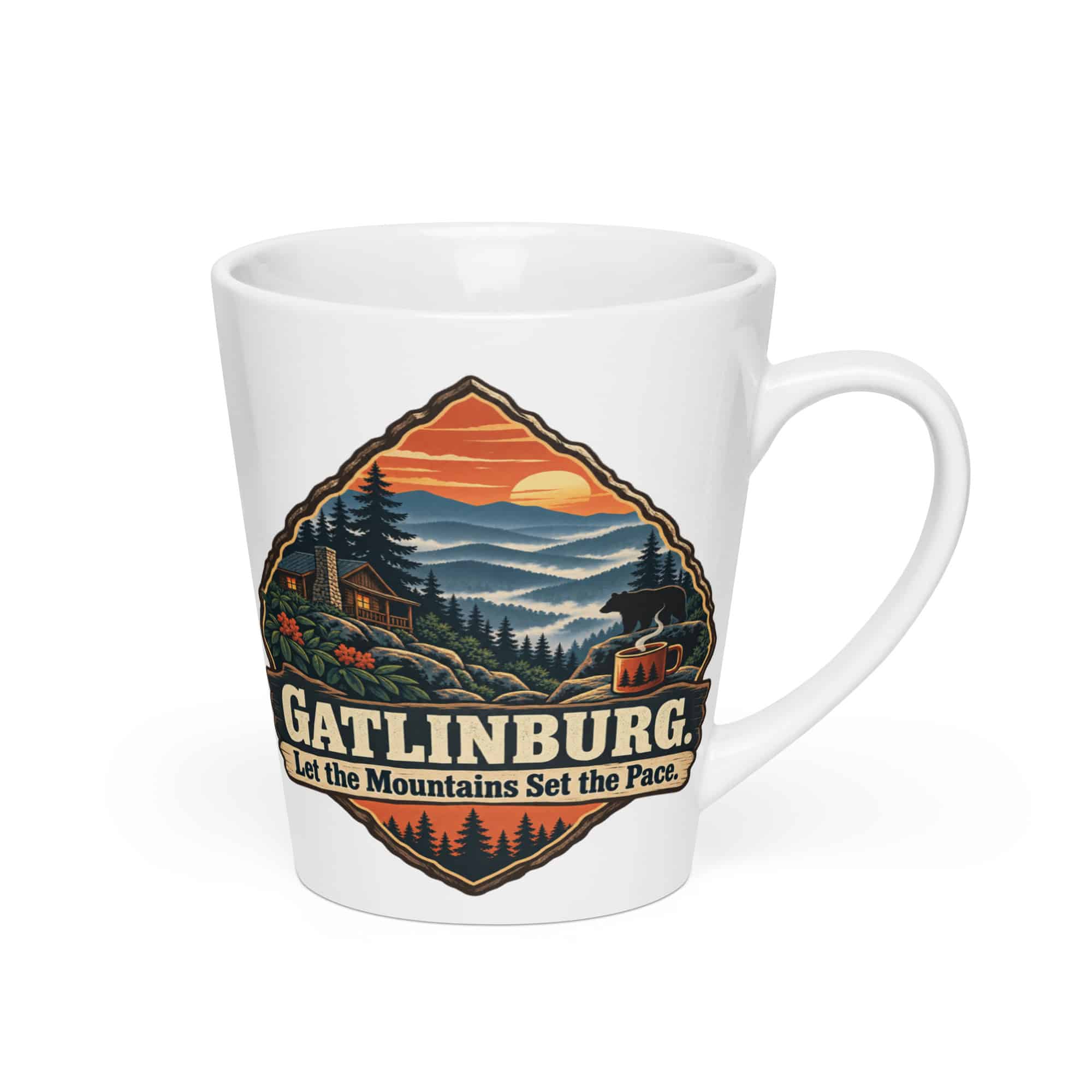 Gatlinburg and the Smokies Latte Mug: Gatlinburg. Let the Mountains Set the Pace, Scenic Shield Badge