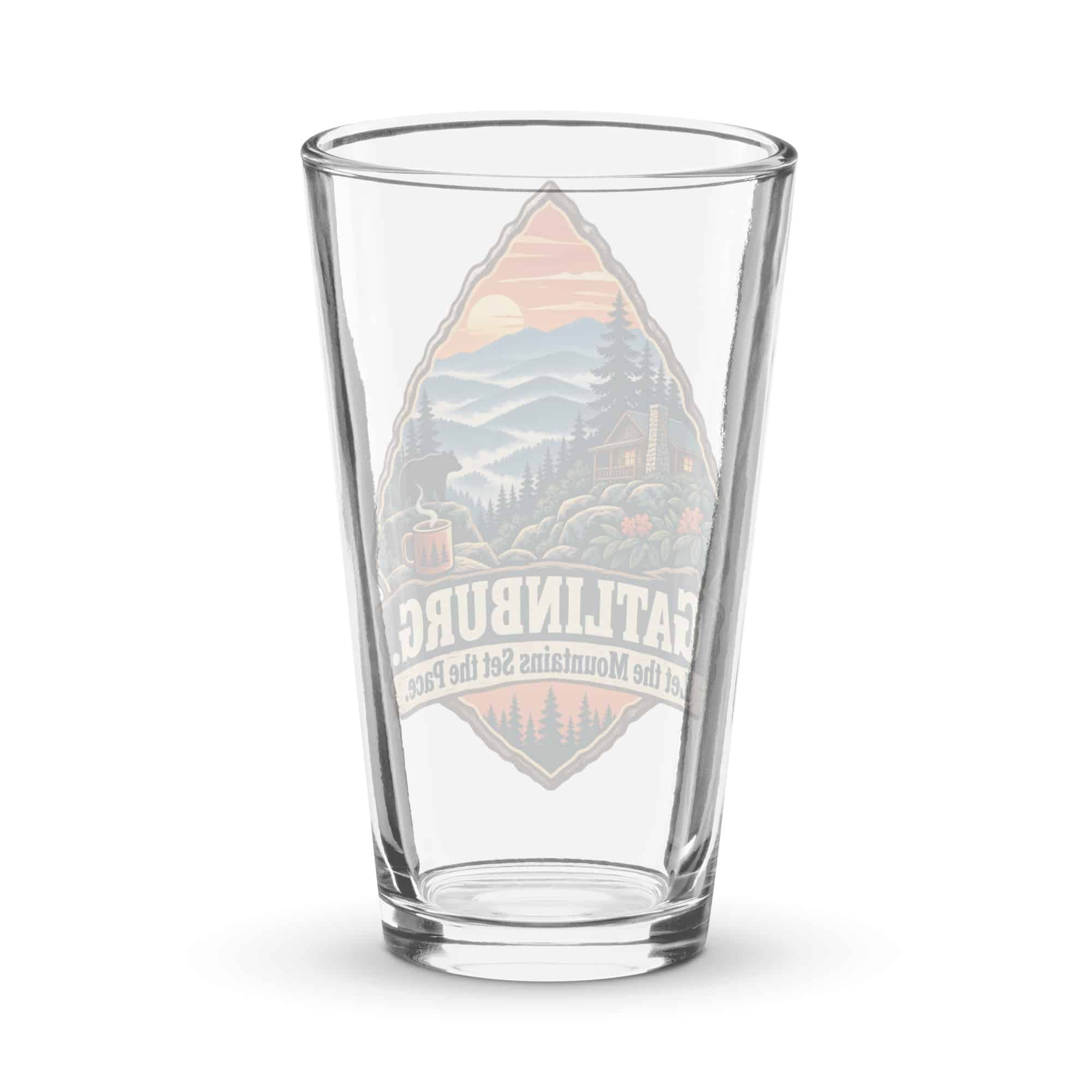 Gatlinburg and the Smokies Pint Glass: Gatlinburg. Let the Mountains Set the Pace, Scenic Shield Badge