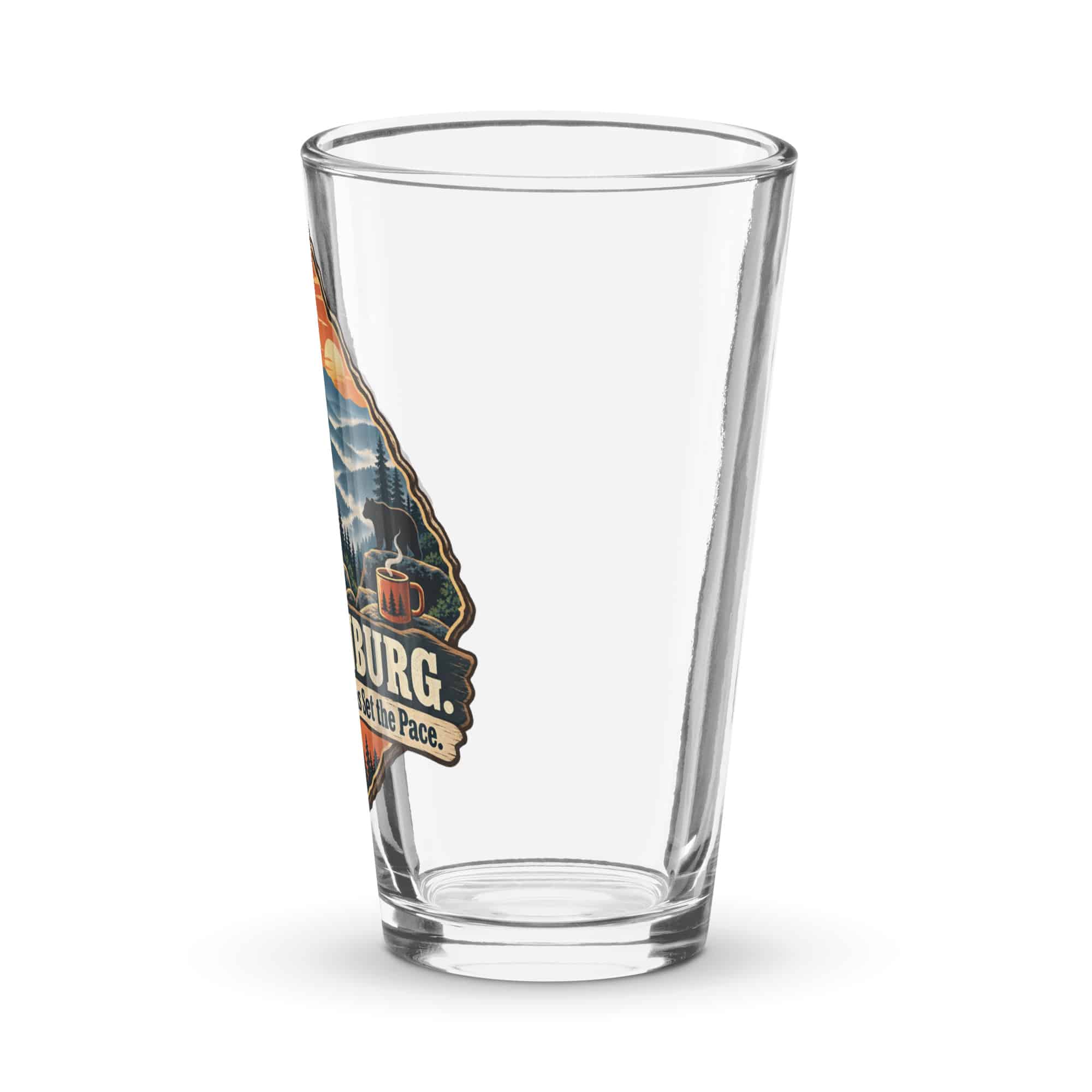 Gatlinburg and the Smokies Pint Glass: Gatlinburg. Let the Mountains Set the Pace, Scenic Shield Badge