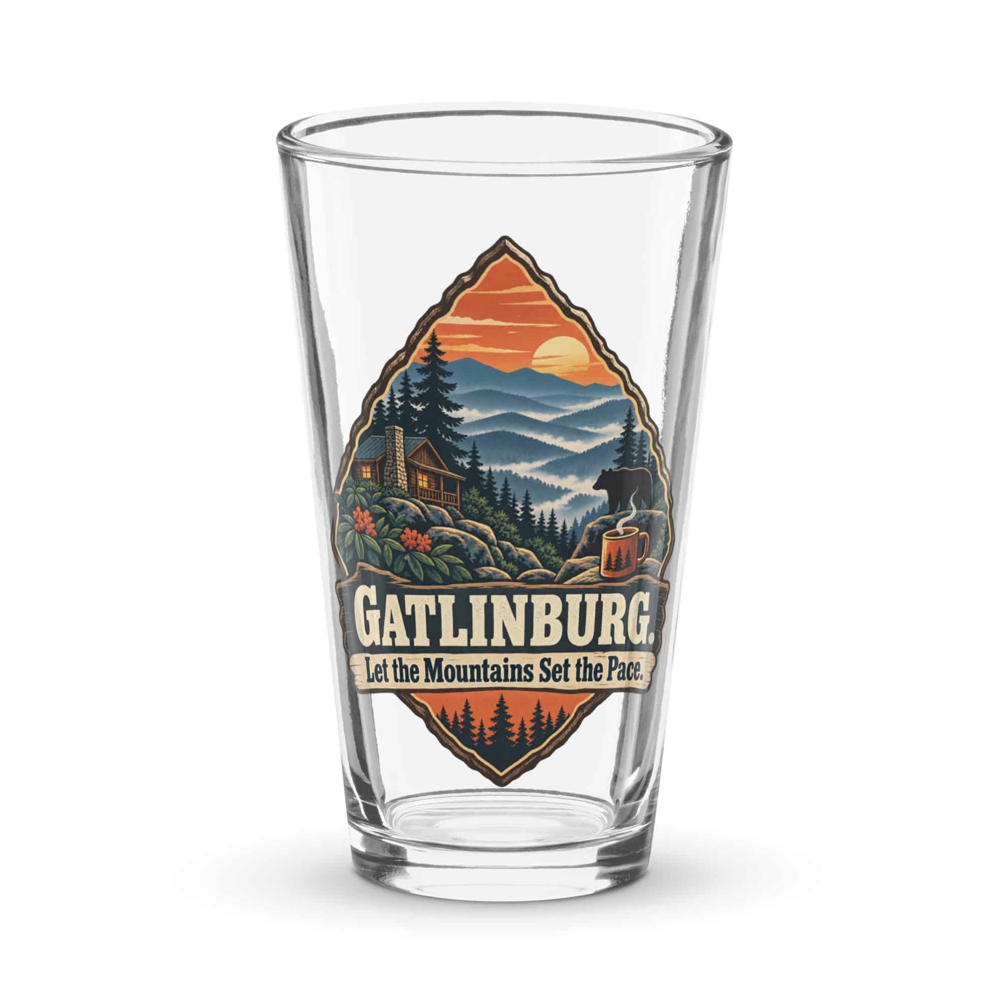 Gatlinburg and the Smokies Pint Glass: Gatlinburg. Let the Mountains Set the Pace, Scenic Shield Badge