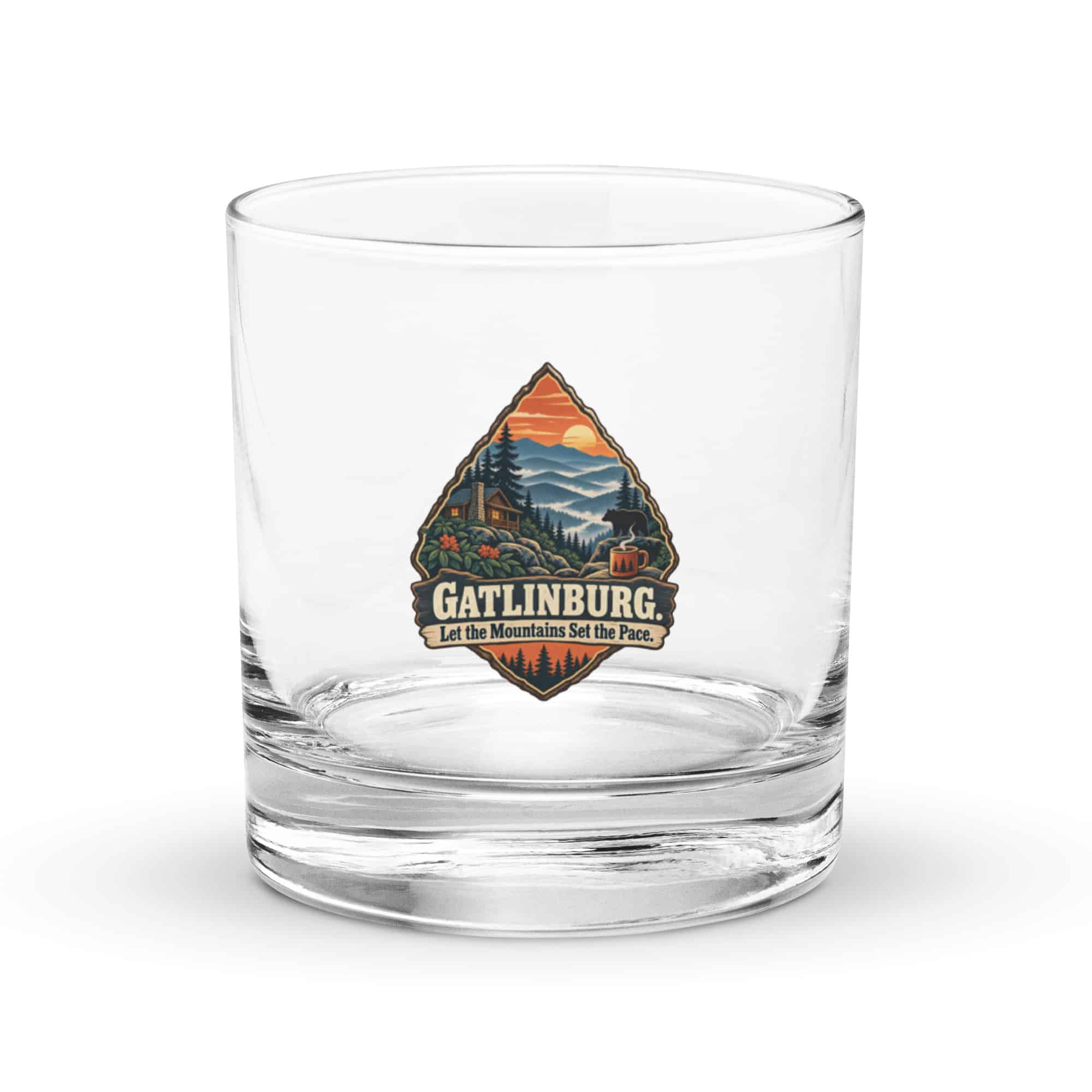 Gatlinburg and the Smokies Rocks Glass: Gatlinburg. Let the Mountains Set the Pace, Scenic Shield Badge