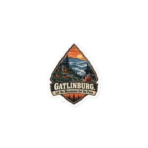 Gatlinburg and the Smokies Vinyl Sticker: Gatlinburg. Let the Mountains Set the Pace, Scenic Shield Badge - 3″×3″ - Main