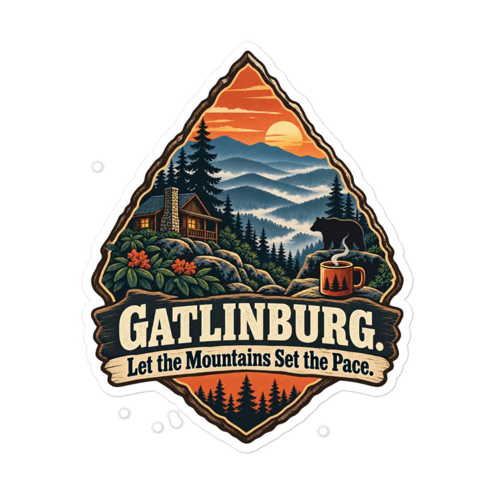 Gatlinburg and the Smokies Vinyl Sticker: Gatlinburg. Let the Mountains Set the Pace, Scenic Shield Badge