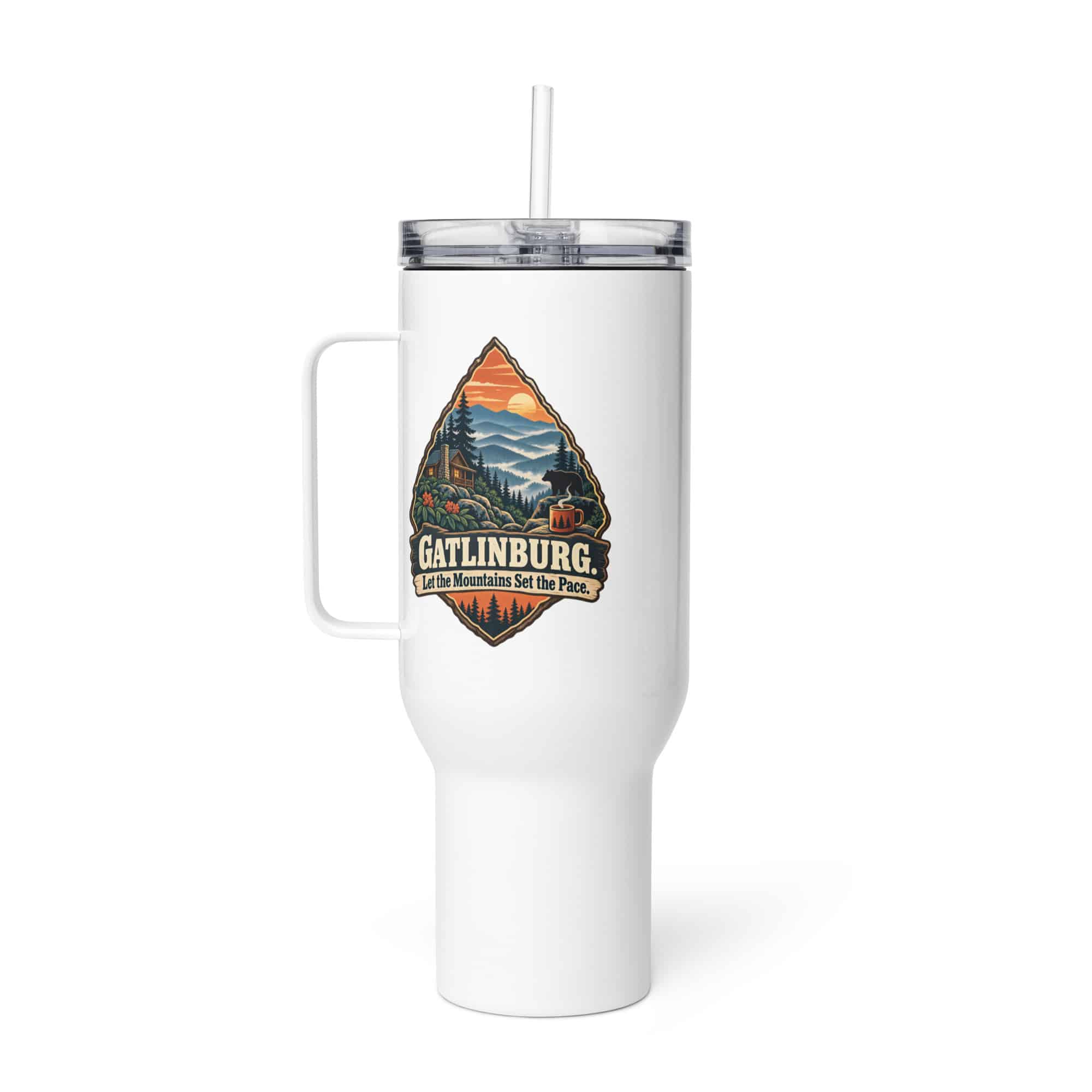 Gatlinburg and the Smokies Travel Mug: Gatlinburg. Let the Mountains Set the Pace, Scenic Shield Badge