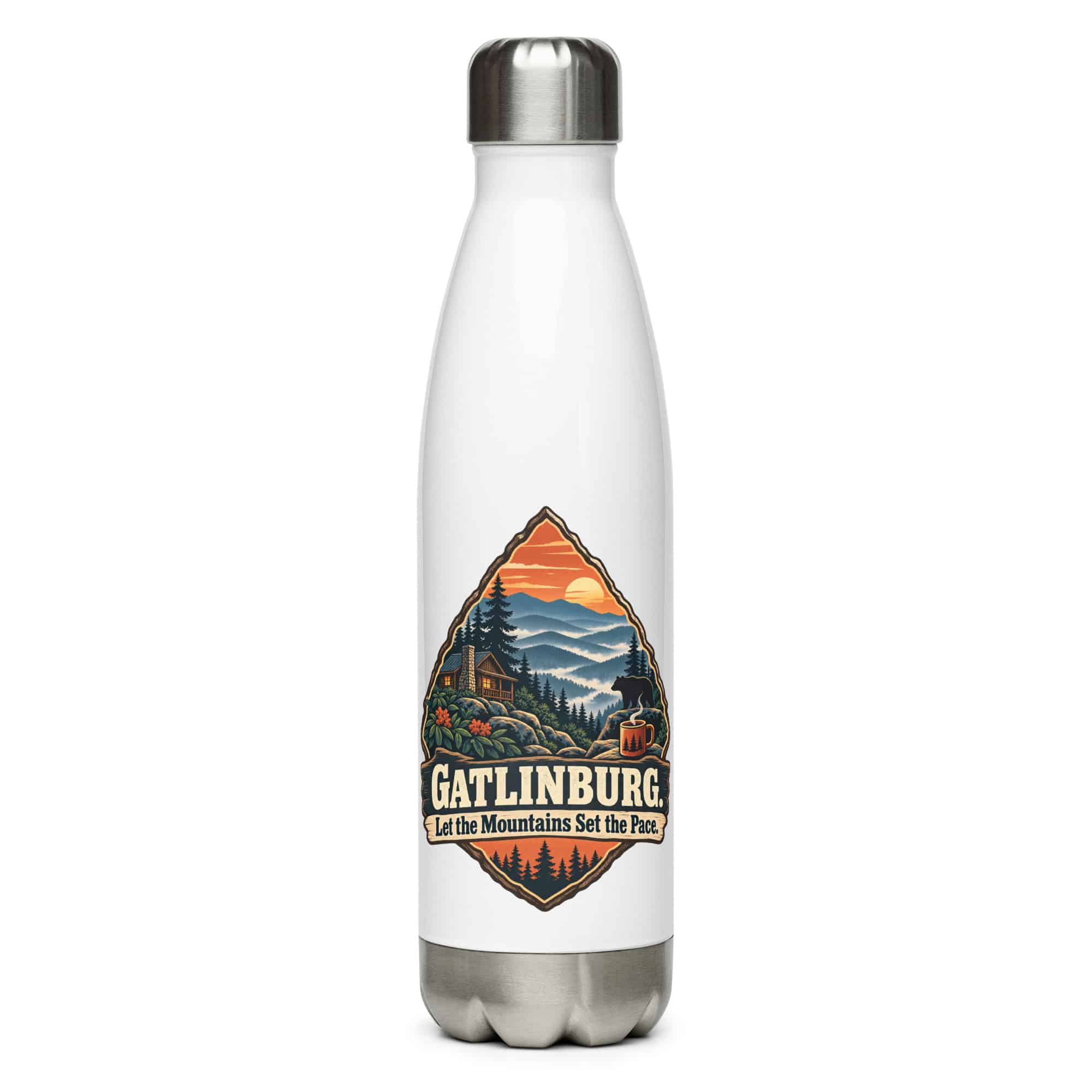 Gatlinburg and the Smokies Stainless Steel Water Bottle: Gatlinburg. Let the Mountains Set the Pace, Scenic Shield Badge