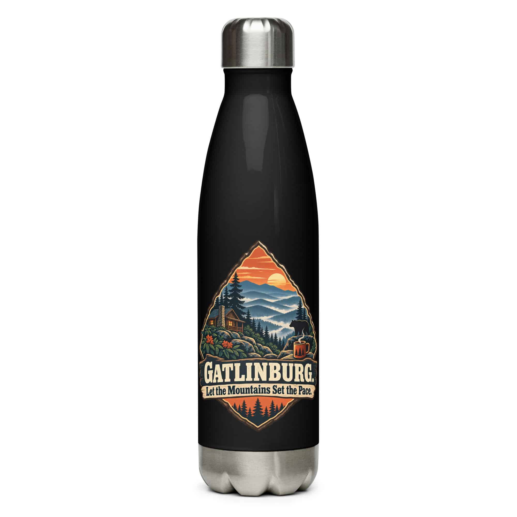 Gatlinburg and the Smokies Stainless Steel Water Bottle: Gatlinburg. Let the Mountains Set the Pace, Scenic Shield Badge