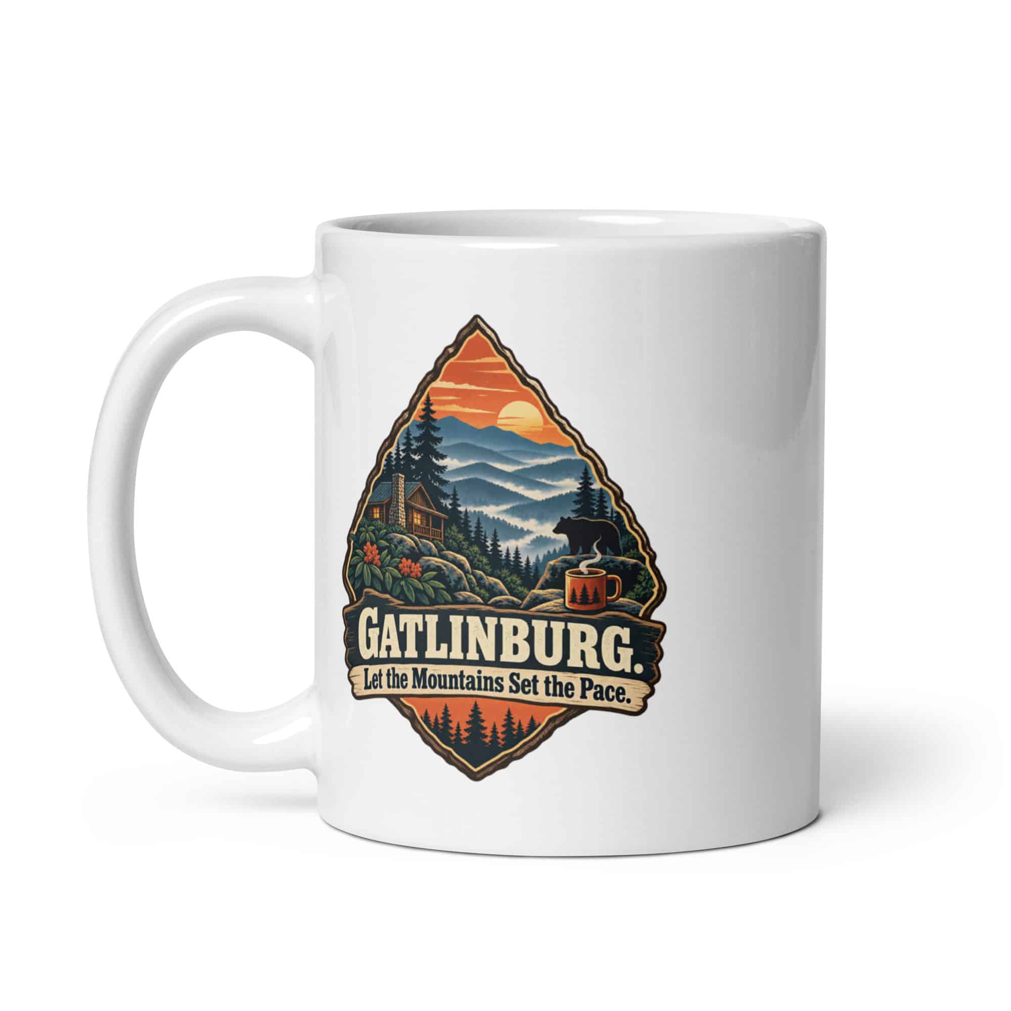 Gatlinburg and the Smokies White Ceramic Coffee Mug: Gatlinburg. Let the Mountains Set the Pace, Scenic Shield Badge