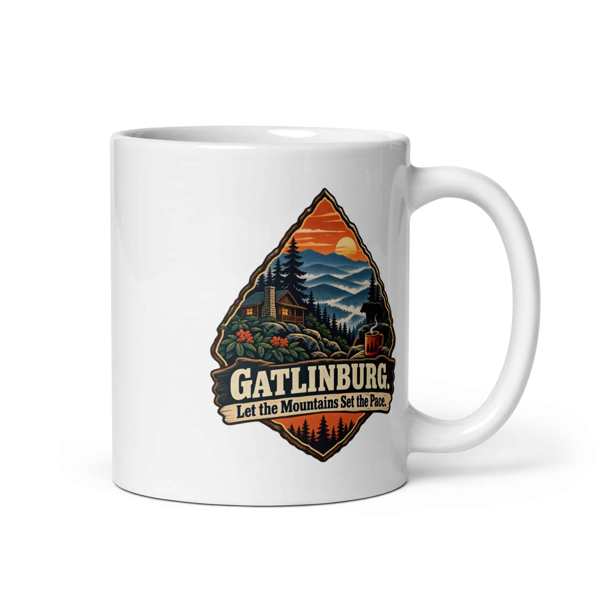 Gatlinburg and the Smokies White Ceramic Coffee Mug: Gatlinburg. Let the Mountains Set the Pace, Scenic Shield Badge