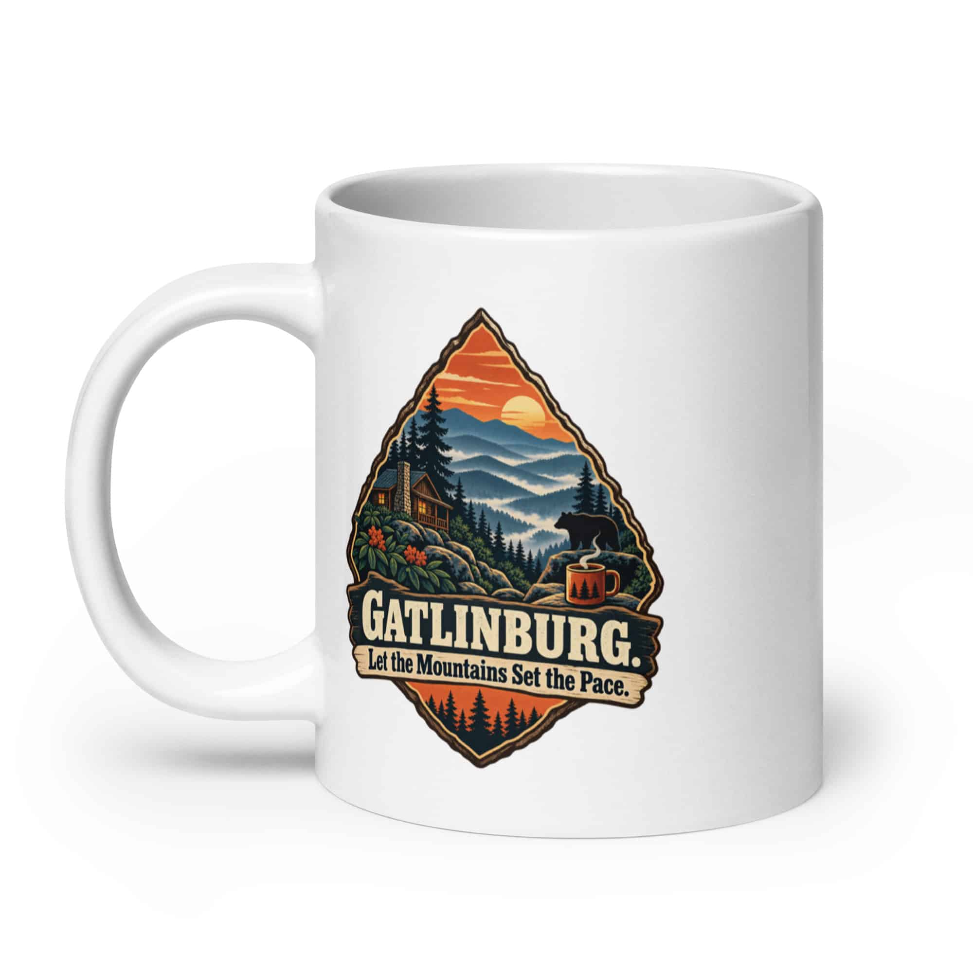 Gatlinburg and the Smokies White Ceramic Coffee Mug: Gatlinburg. Let the Mountains Set the Pace, Scenic Shield Badge