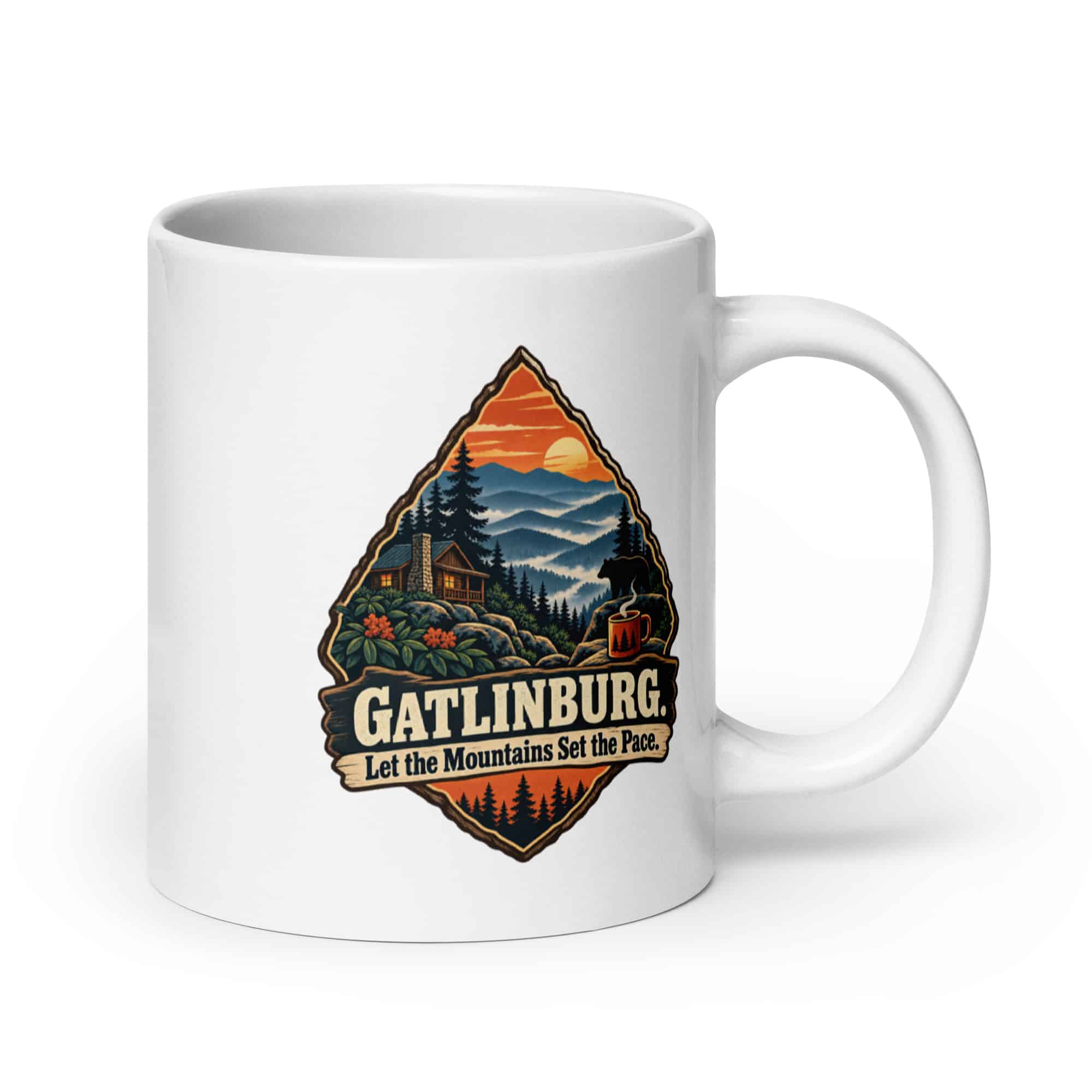 Gatlinburg and the Smokies White Ceramic Coffee Mug: Gatlinburg. Let the Mountains Set the Pace, Scenic Shield Badge