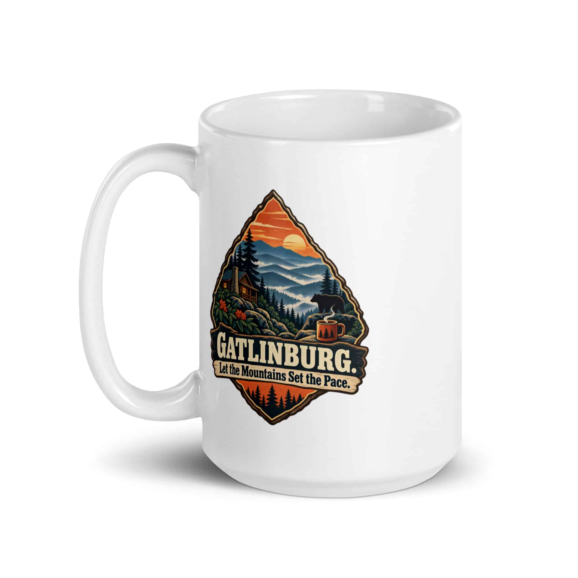 Gatlinburg and the Smokies White Ceramic Coffee Mug: Gatlinburg. Let the Mountains Set the Pace, Scenic Shield Badge