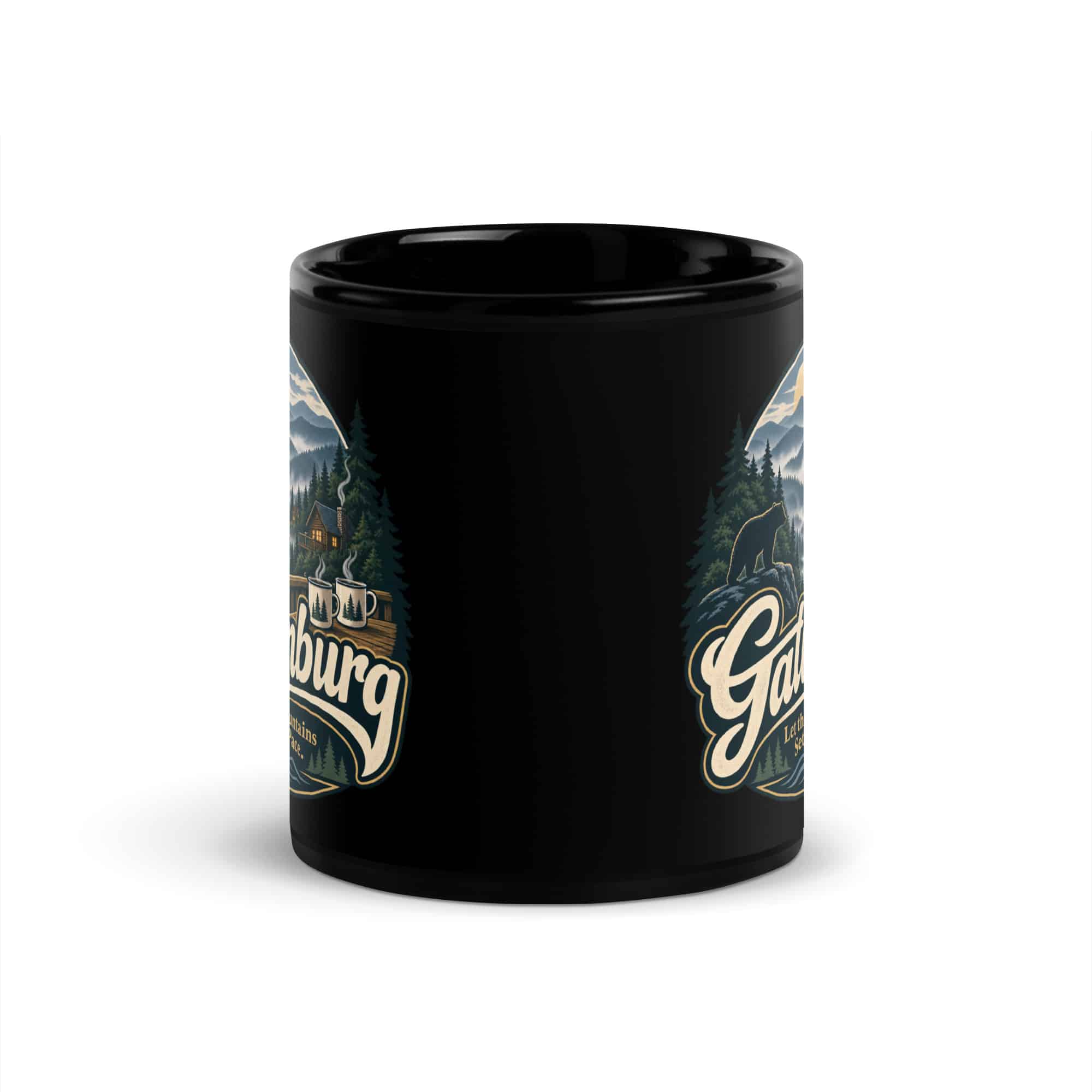 Gatlinburg and the Smokies Black Coffee Mug: Gatlinburg. Let the Mountains Set the Pace, Woodland Scenic Lettering