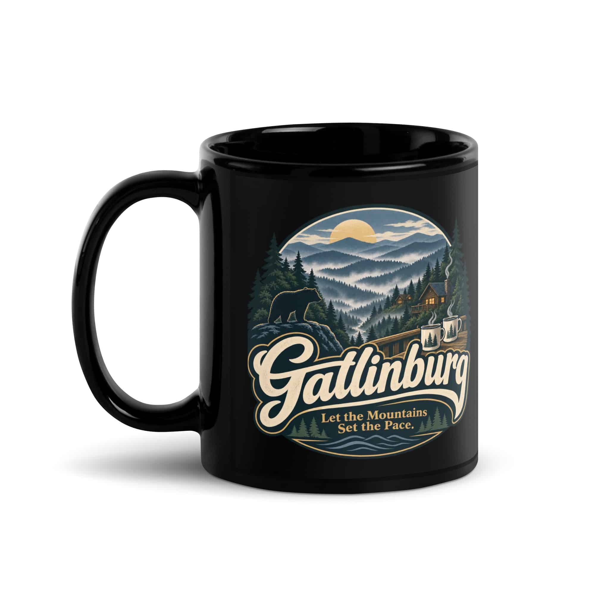 Gatlinburg and the Smokies Black Coffee Mug: Gatlinburg. Let the Mountains Set the Pace, Woodland Scenic Lettering