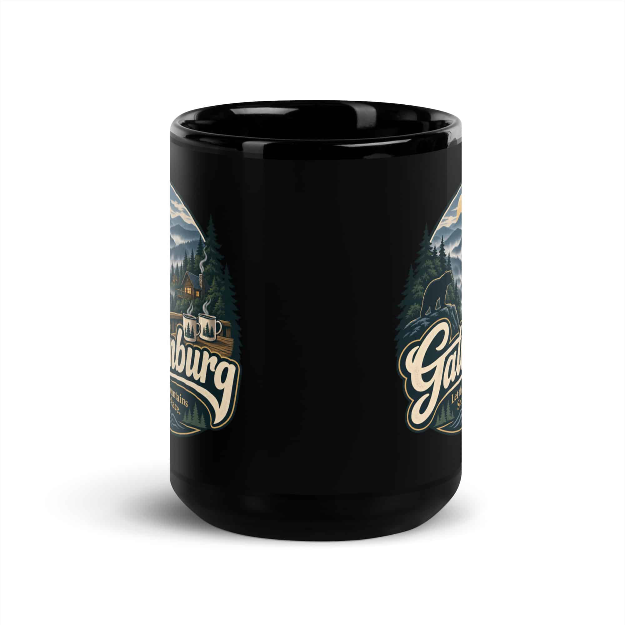 Gatlinburg and the Smokies Black Coffee Mug: Gatlinburg. Let the Mountains Set the Pace, Woodland Scenic Lettering