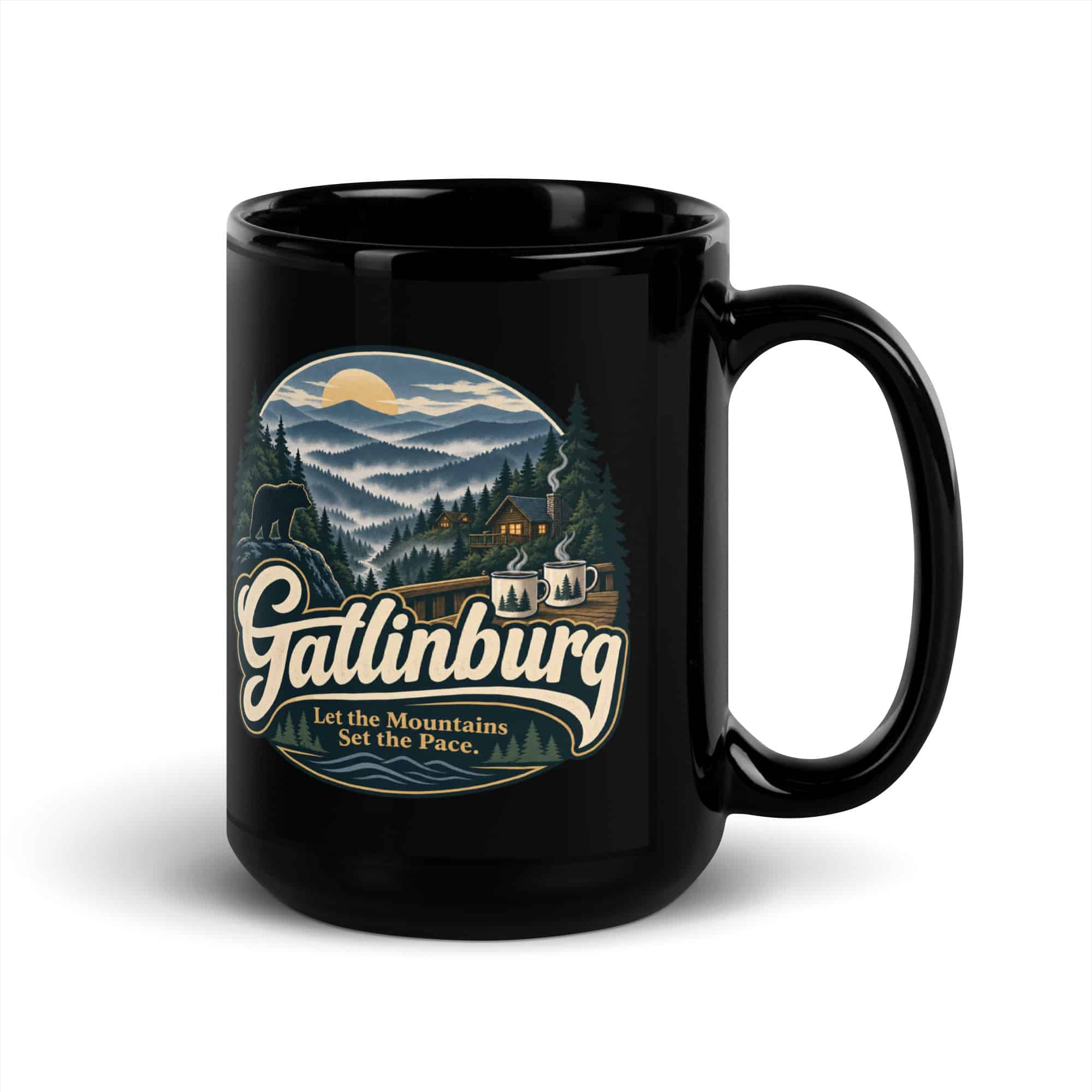 Gatlinburg and the Smokies Black Coffee Mug: Gatlinburg. Let the Mountains Set the Pace, Woodland Scenic Lettering