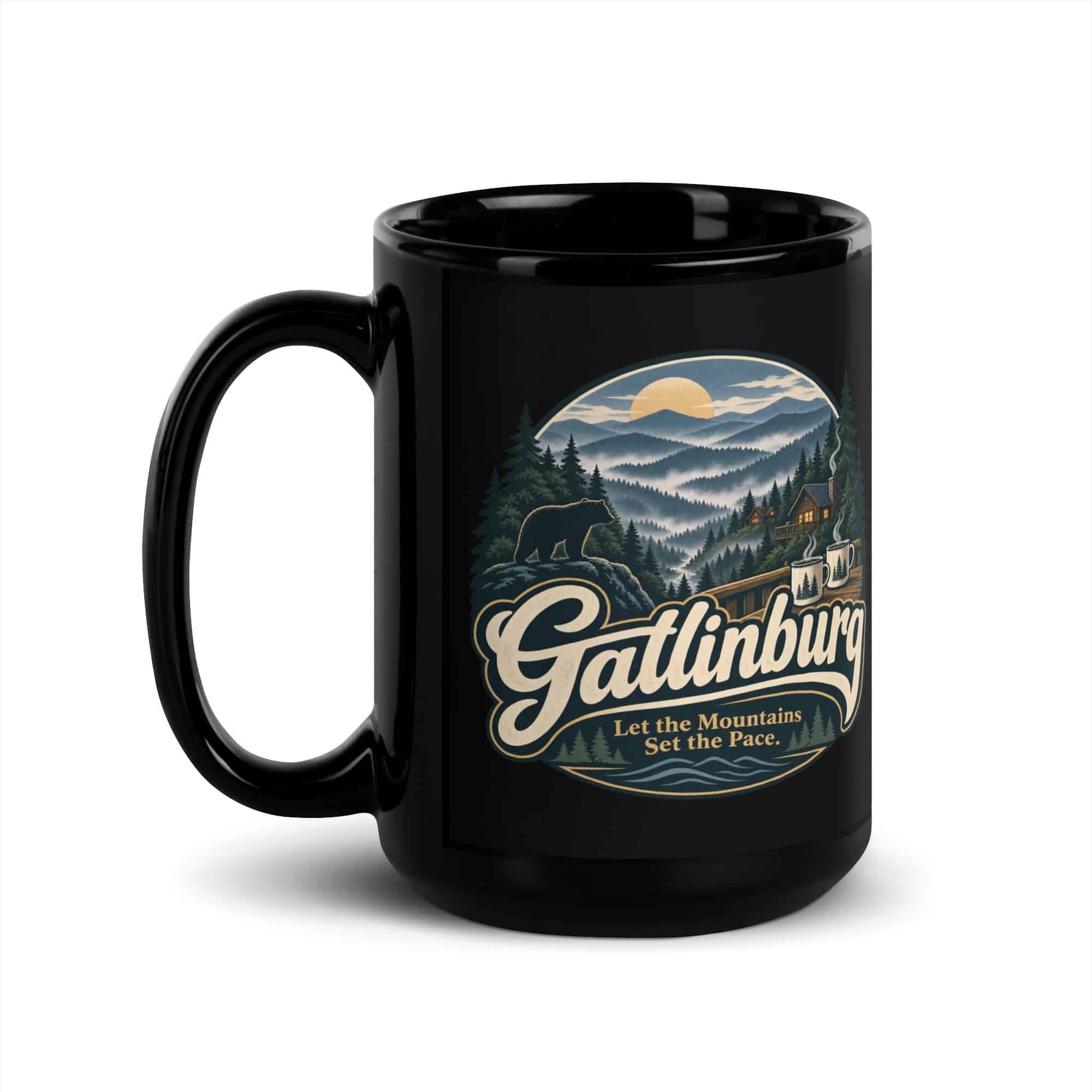 Gatlinburg and the Smokies Black Coffee Mug: Gatlinburg. Let the Mountains Set the Pace, Woodland Scenic Lettering