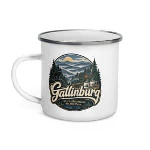 Gatlinburg and the Smokies Enamel Camp Mug: Gatlinburg. Let the Mountains Set the Pace, Woodland Scenic Lettering - 12 oz - Left