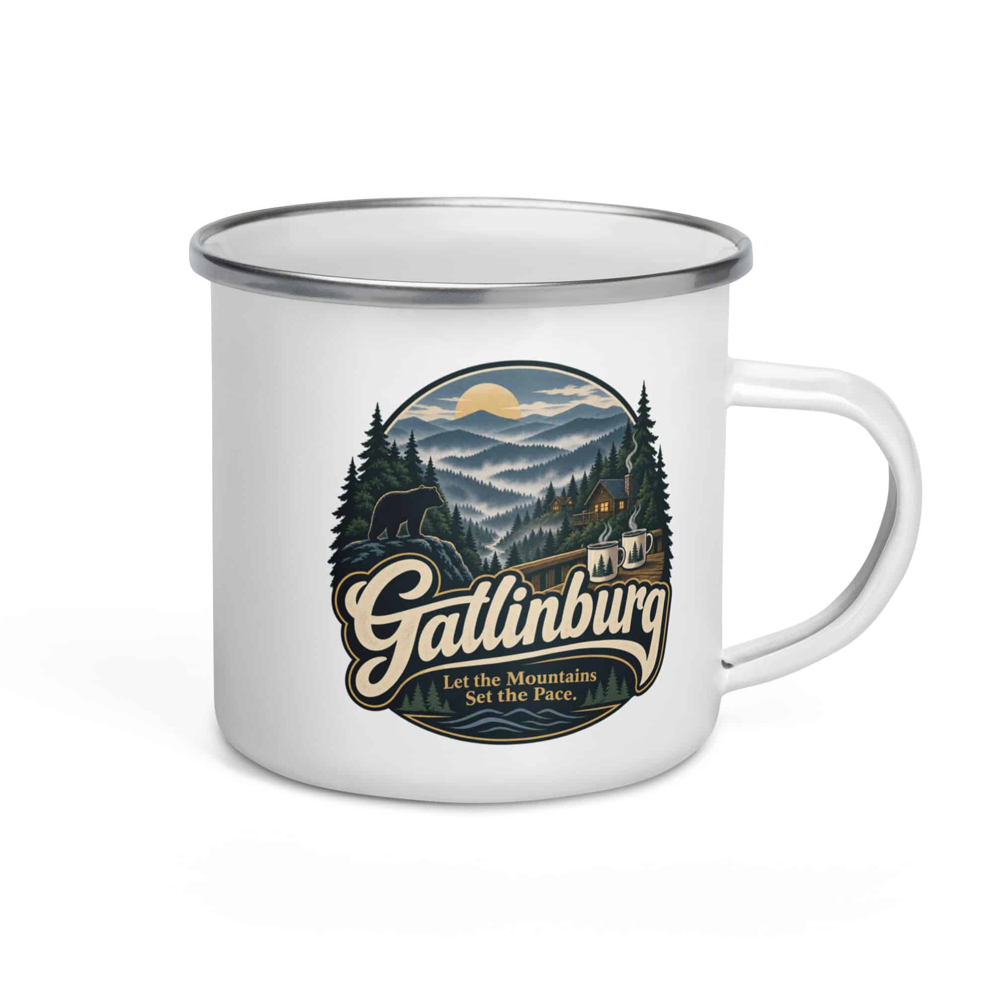 Gatlinburg and the Smokies Enamel Camp Mug: Gatlinburg. Let the Mountains Set the Pace, Woodland Scenic Lettering