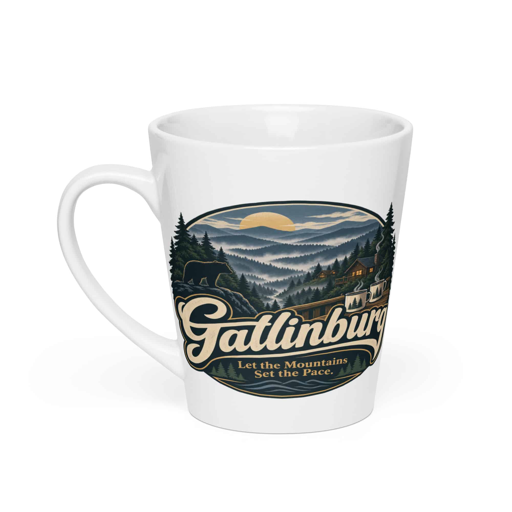 Gatlinburg and the Smokies Latte Mug: Gatlinburg. Let the Mountains Set the Pace, Woodland Scenic Lettering