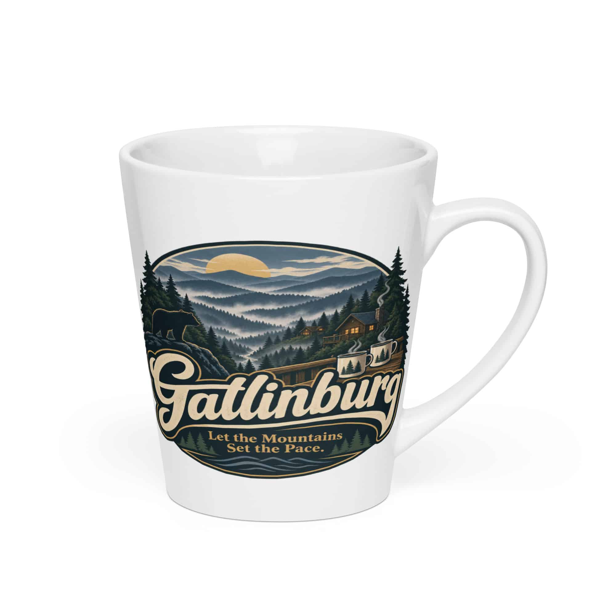 Gatlinburg and the Smokies Latte Mug: Gatlinburg. Let the Mountains Set the Pace, Woodland Scenic Lettering
