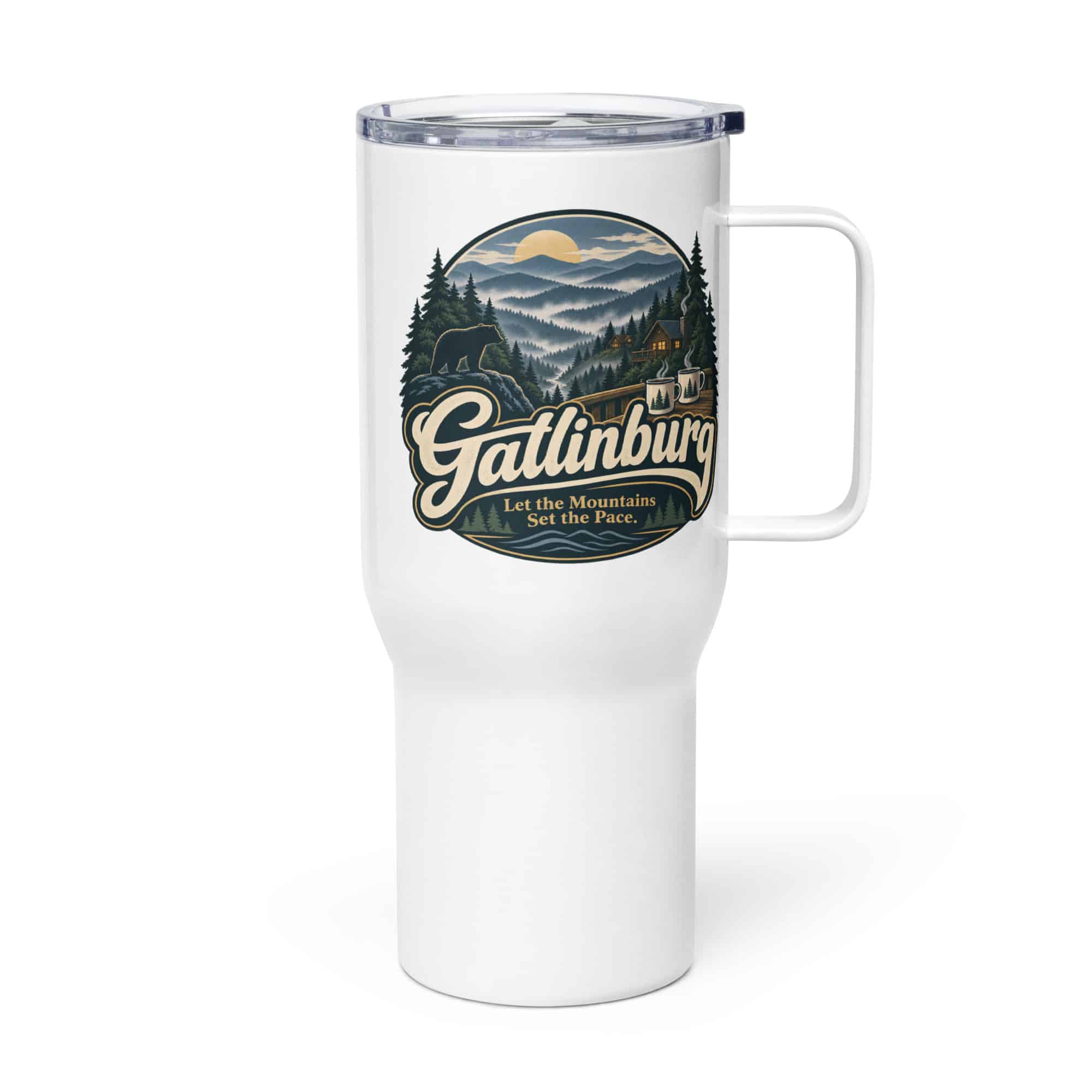 Gatlinburg and the Smokies Travel Mug: Gatlinburg. Let the Mountains Set the Pace, Woodland Scenic Lettering