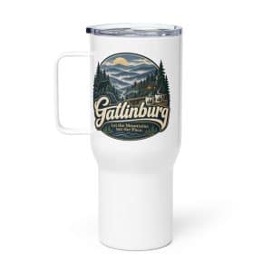 Gatlinburg and the Smokies Travel Mug: Gatlinburg. Let the Mountains Set the Pace, Woodland Scenic Lettering - 25 oz - Main