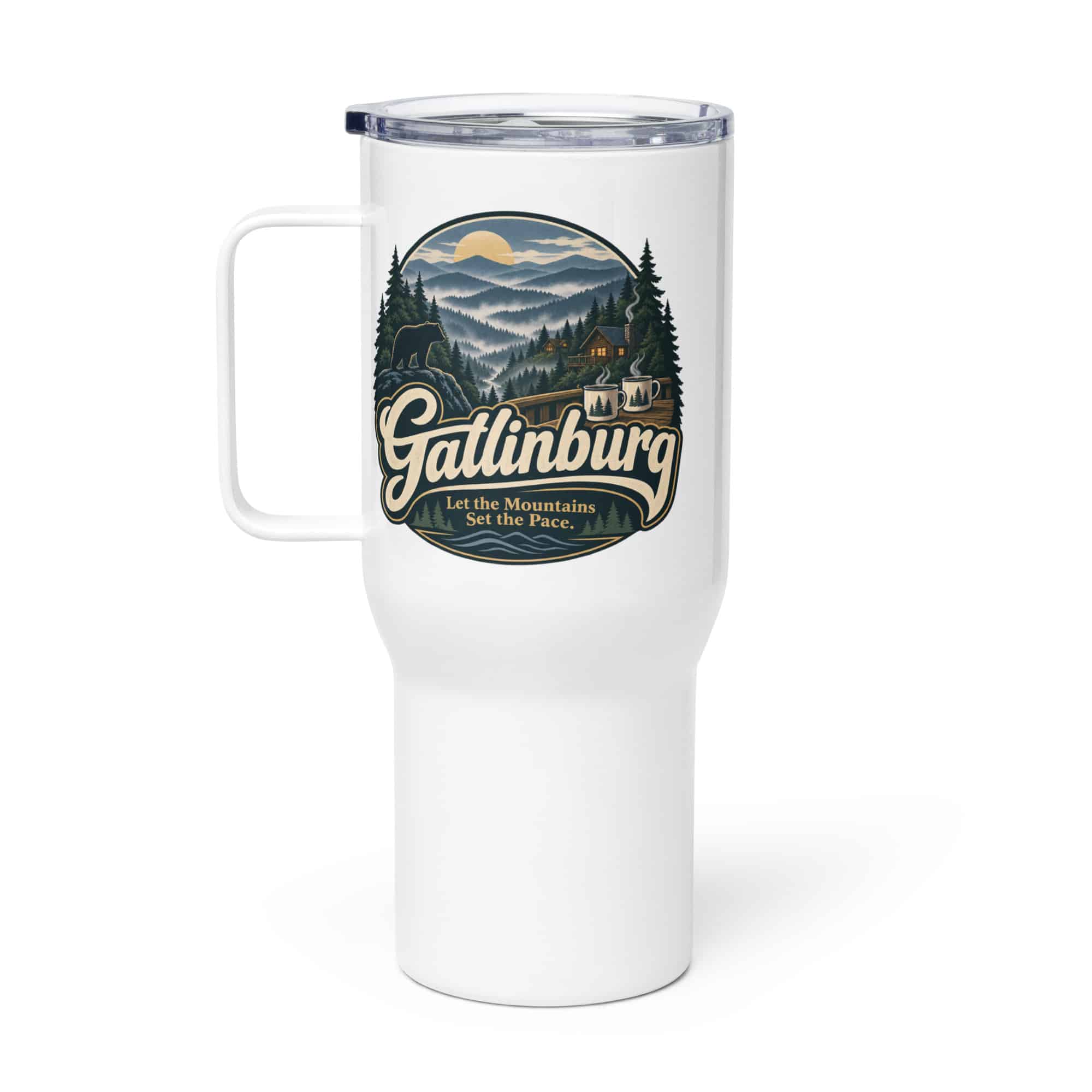 Gatlinburg and the Smokies Travel Mug: Gatlinburg. Let the Mountains Set the Pace, Woodland Scenic Lettering