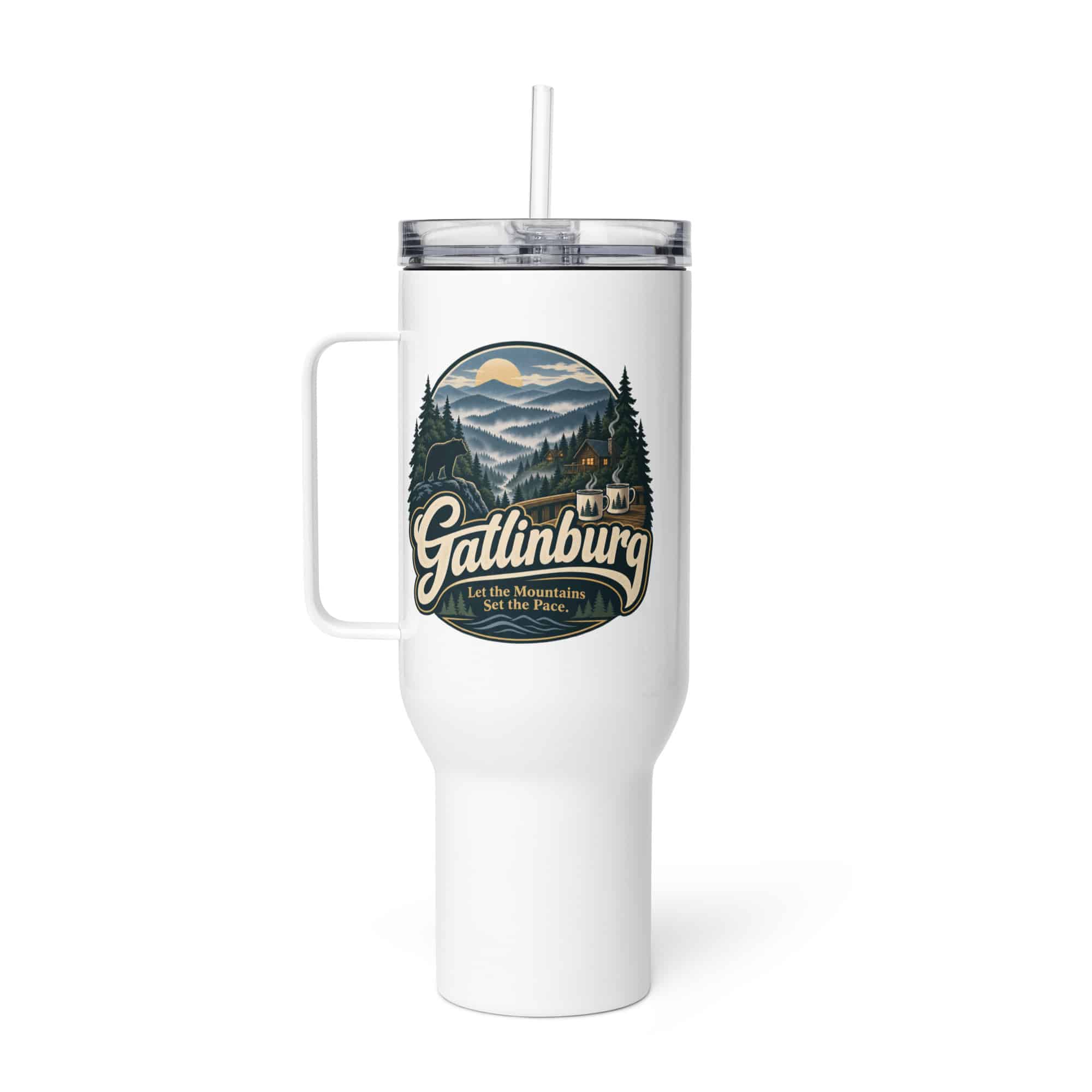Gatlinburg and the Smokies Travel Mug: Gatlinburg. Let the Mountains Set the Pace, Woodland Scenic Lettering