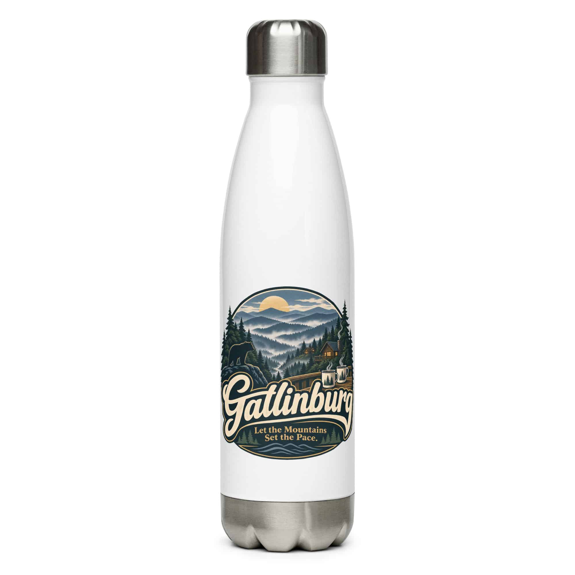 Gatlinburg and the Smokies Stainless Steel Water Bottle: Gatlinburg. Let the Mountains Set the Pace, Woodland Scenic Lettering