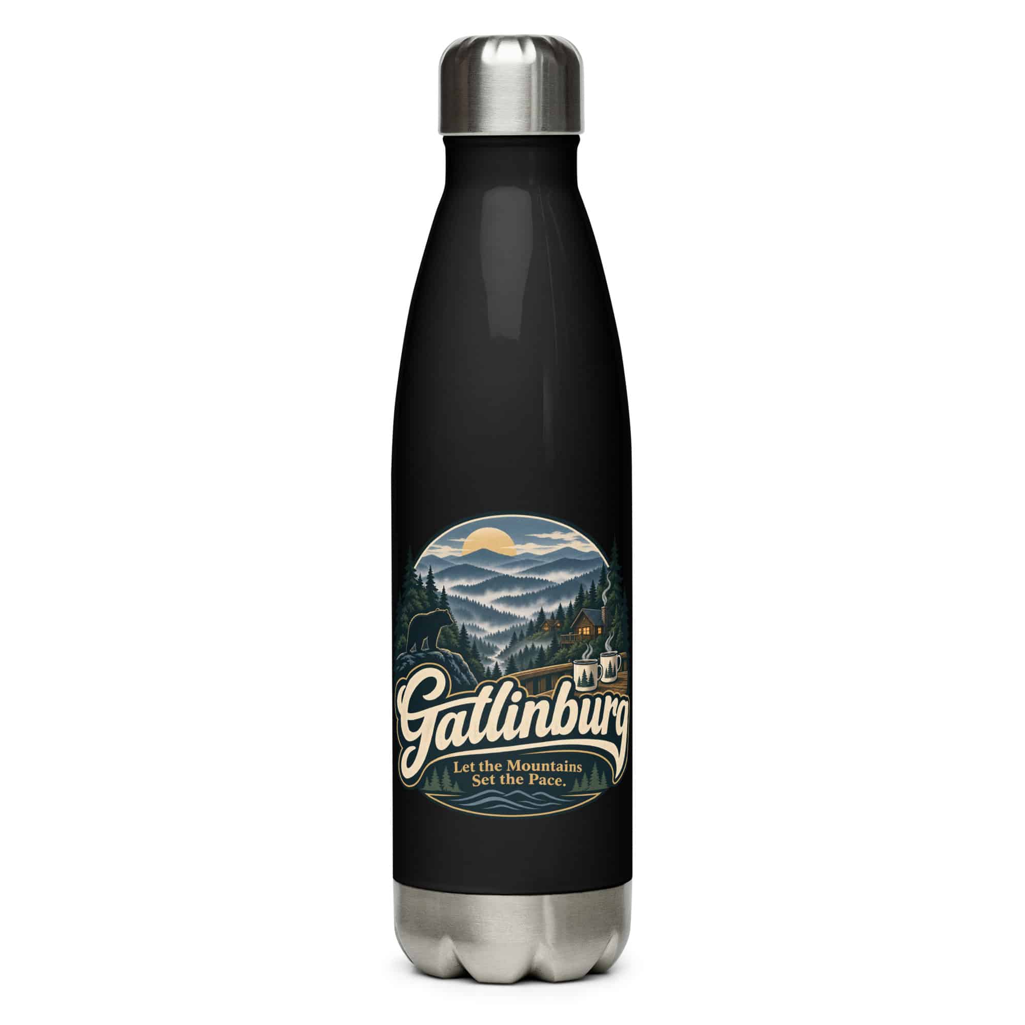 Gatlinburg and the Smokies Stainless Steel Water Bottle: Gatlinburg. Let the Mountains Set the Pace, Woodland Scenic Lettering