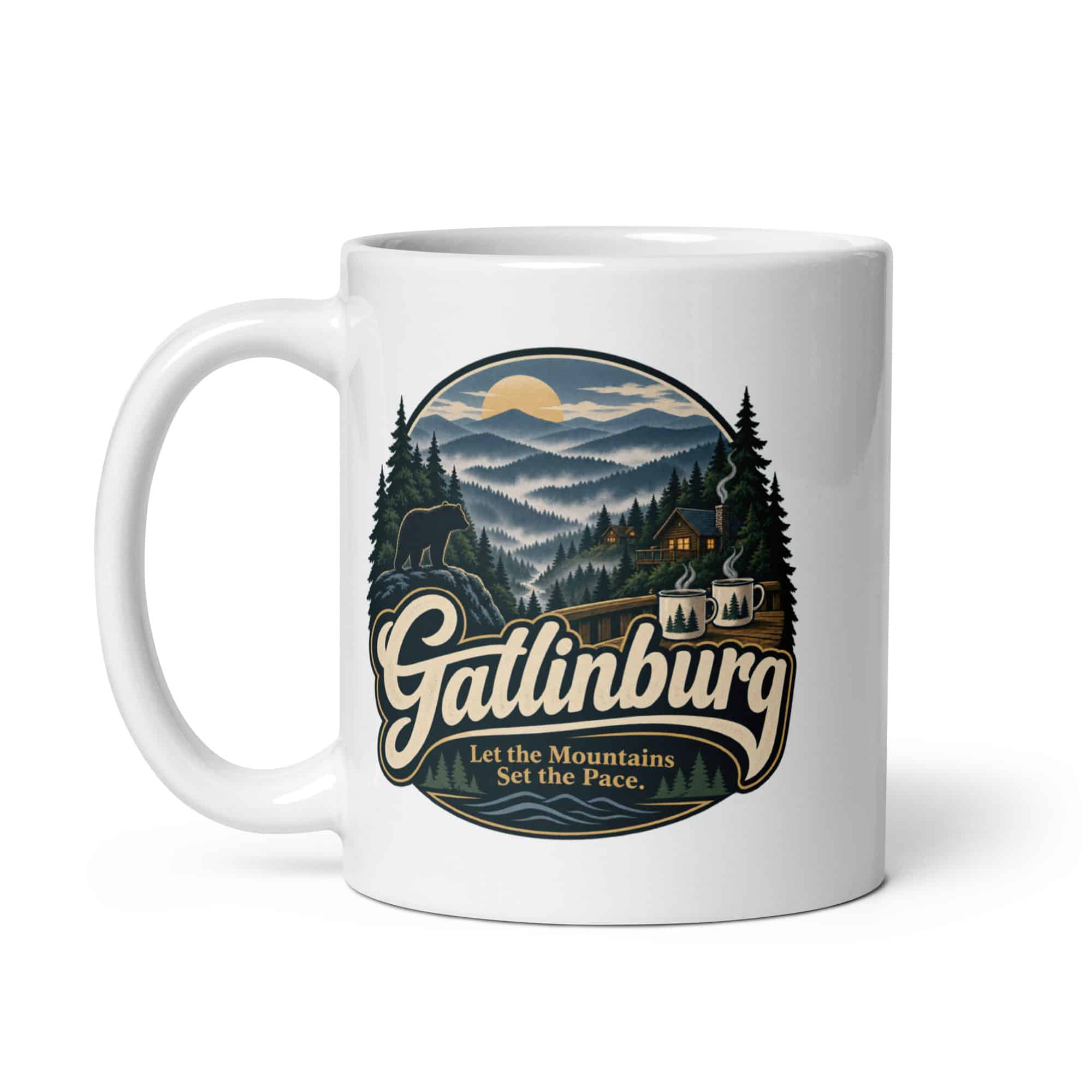 Gatlinburg and the Smokies White Ceramic Coffee Mug: Gatlinburg. Let the Mountains Set the Pace, Woodland Scenic Lettering