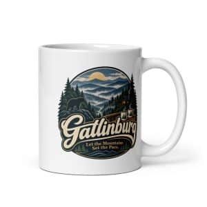 Gatlinburg and the Smokies White Ceramic Coffee Mug: Gatlinburg. Let the Mountains Set the Pace, Woodland Scenic Lettering - 11 oz - Main
