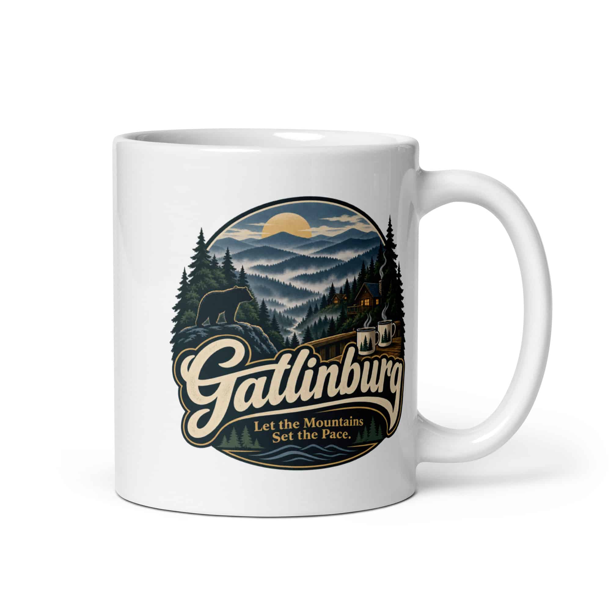 Gatlinburg and the Smokies White Ceramic Coffee Mug: Gatlinburg. Let the Mountains Set the Pace, Woodland Scenic Lettering