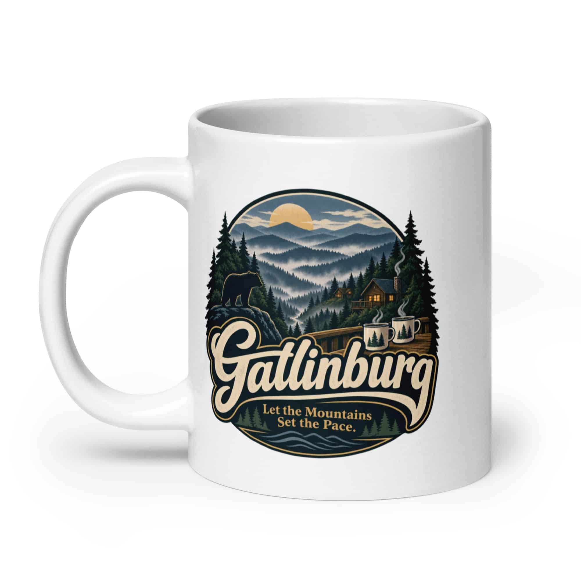 Gatlinburg and the Smokies White Ceramic Coffee Mug: Gatlinburg. Let the Mountains Set the Pace, Woodland Scenic Lettering