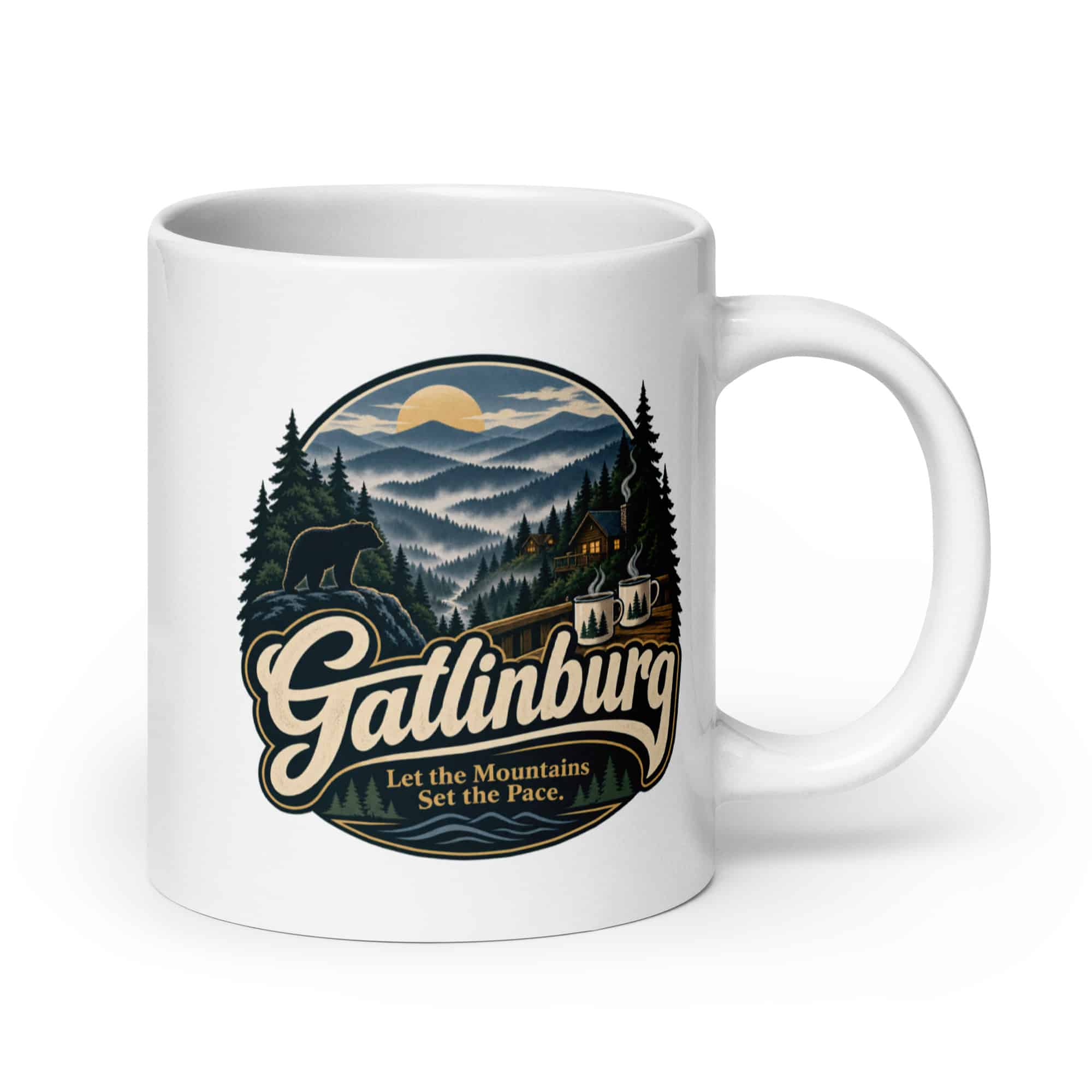 Gatlinburg and the Smokies White Ceramic Coffee Mug: Gatlinburg. Let the Mountains Set the Pace, Woodland Scenic Lettering
