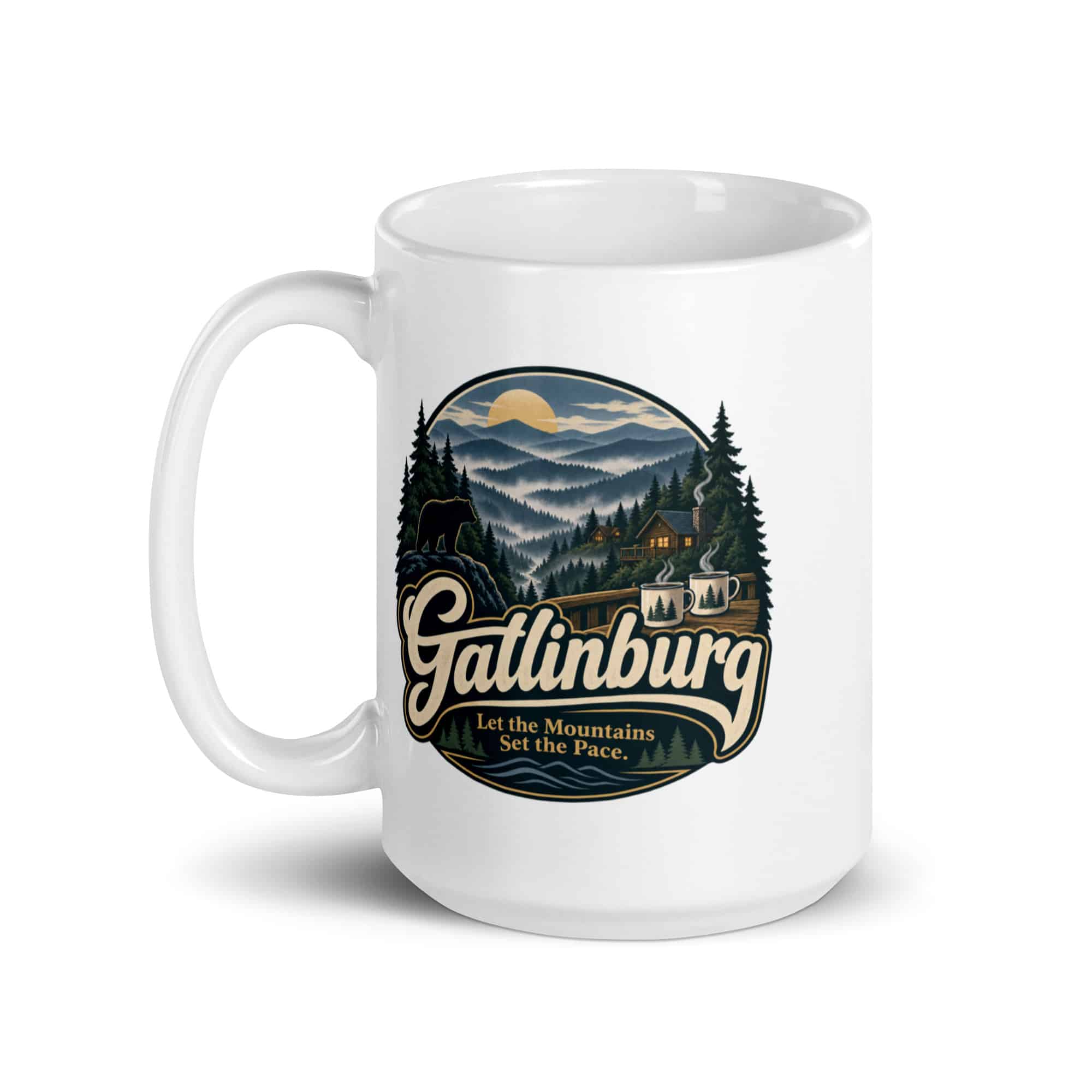 Gatlinburg and the Smokies White Ceramic Coffee Mug: Gatlinburg. Let the Mountains Set the Pace, Woodland Scenic Lettering