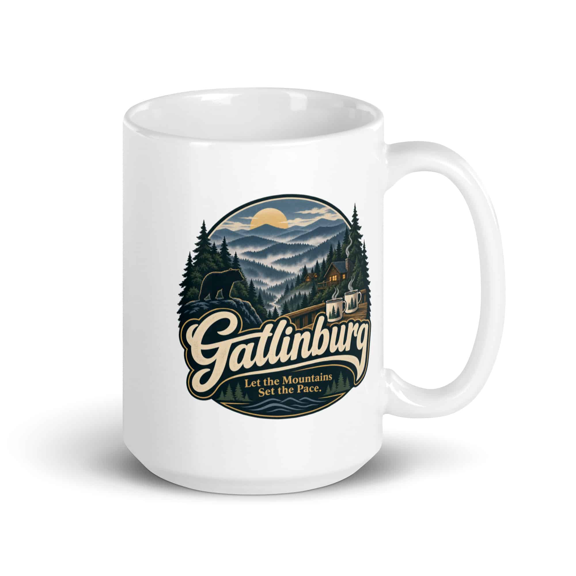 Gatlinburg and the Smokies White Ceramic Coffee Mug: Gatlinburg. Let the Mountains Set the Pace, Woodland Scenic Lettering
