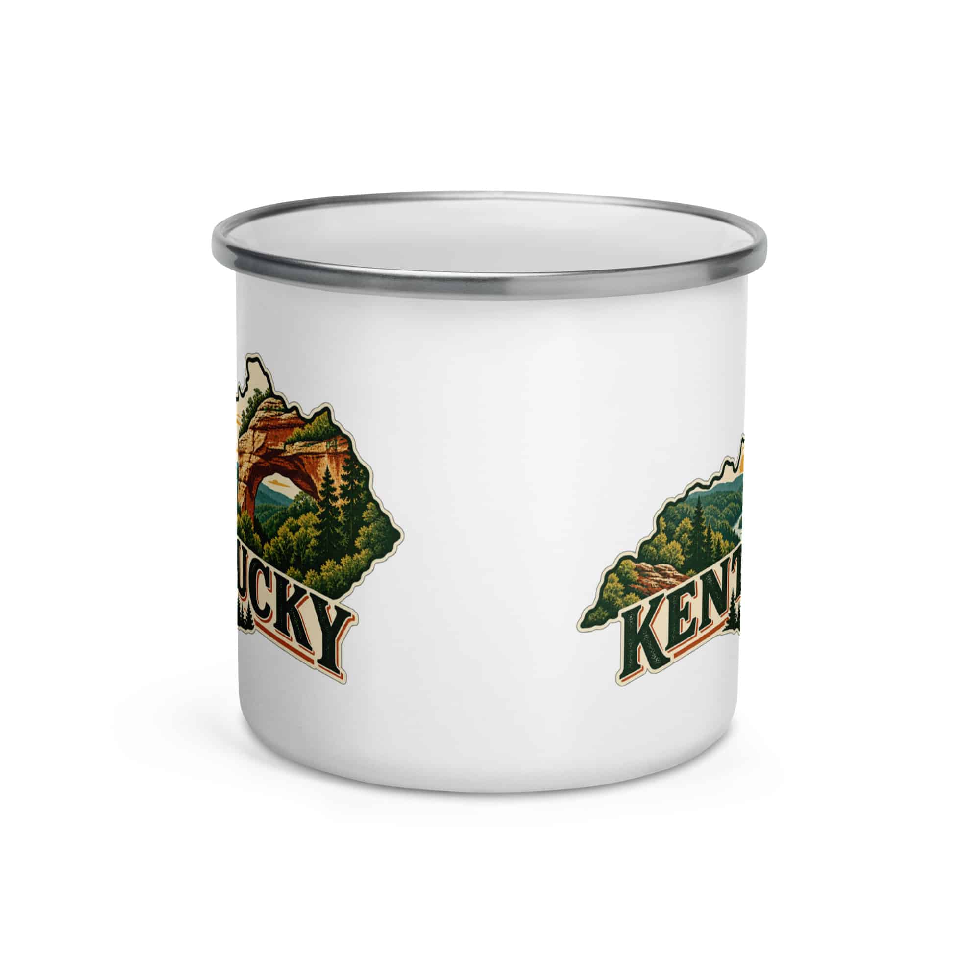 Kentucky Enamel Camp Mug: Sandstone arch and forest, Vintage Kentucky Silhouette
