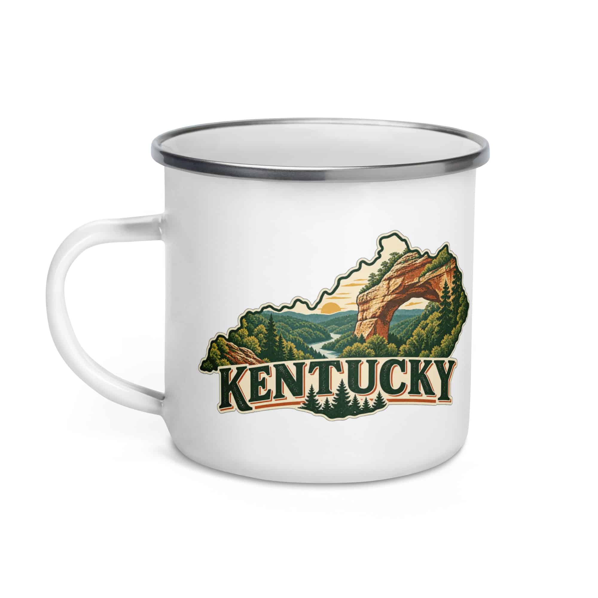 Kentucky Enamel Camp Mug: Sandstone arch and forest, Vintage Kentucky Silhouette