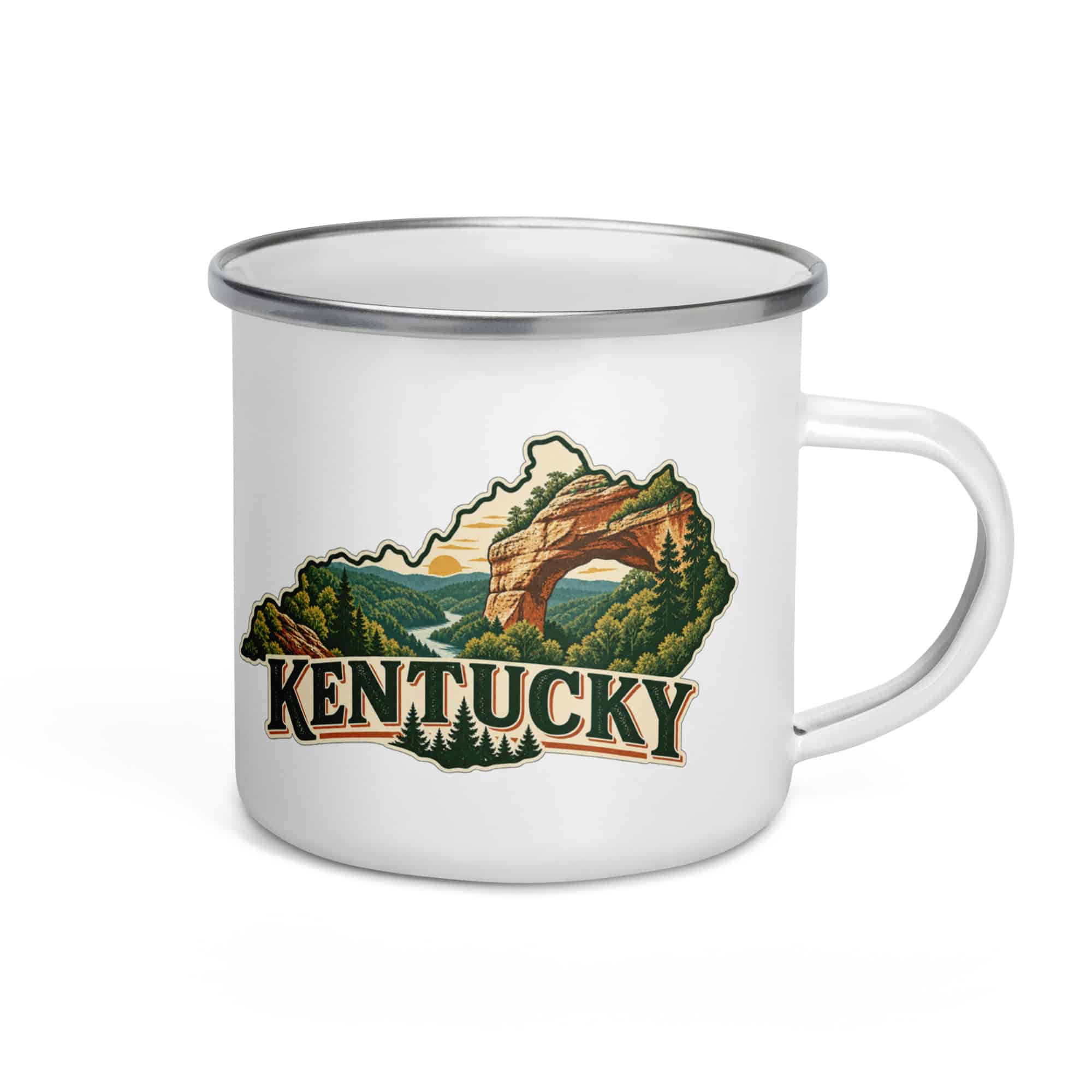Kentucky Enamel Camp Mug: Sandstone arch and forest, Vintage Kentucky Silhouette